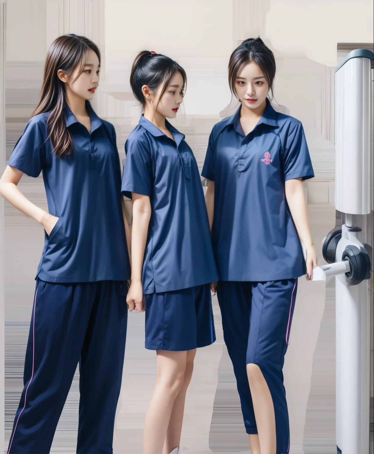 3 girls in fitness center, Blue short-sleeved shirt,Sweatpantsขายาวสีกรมท่า,Sweatpants, Sweatpantsขายาว,25 year old girl, lesbian, sexy, exercise clothes, wet body, exercise clothes