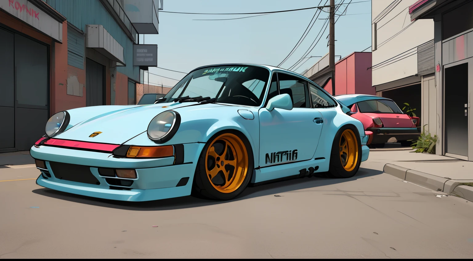 nvinkpunk, painting of a city with a pastel colored  Porsche 911 rwb rotting,wide bodykit, large wheels, high quality,