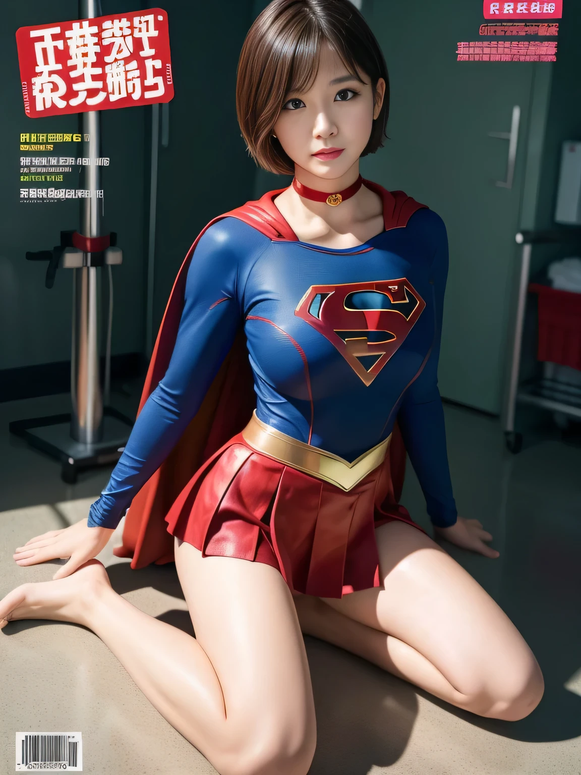 masterpiece、supergirl costume、short hair、barefoot, big and full breasts、palpation、operating room、operating table、straddle、sweating、shiny、look at the camera、provocation、Estrus、choker、Weekly magazine cover、long sleeve、red mini skirt、obscene pose、Seduce、humiliating