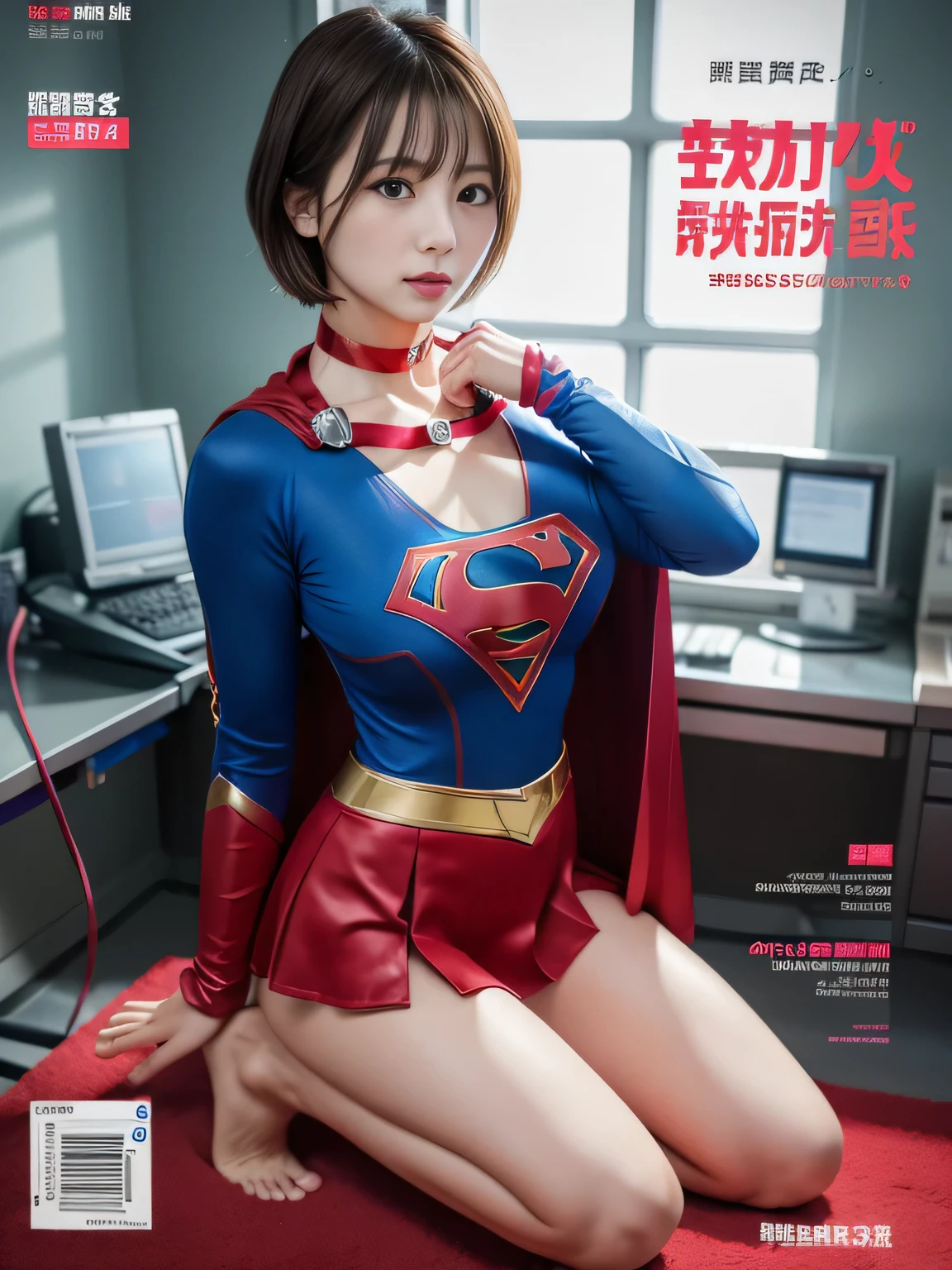 masterpiece、supergirl costume、short hair、barefoot、big and full breasts、palpation、operating room、operating table、Crisis situation、straddle、flowing sweat、shiny、look at the camera、provocation、Estrus、choker、Weekly magazine cover、long sleeve、red mini skirt、obscene pose、Seduce、humiliating