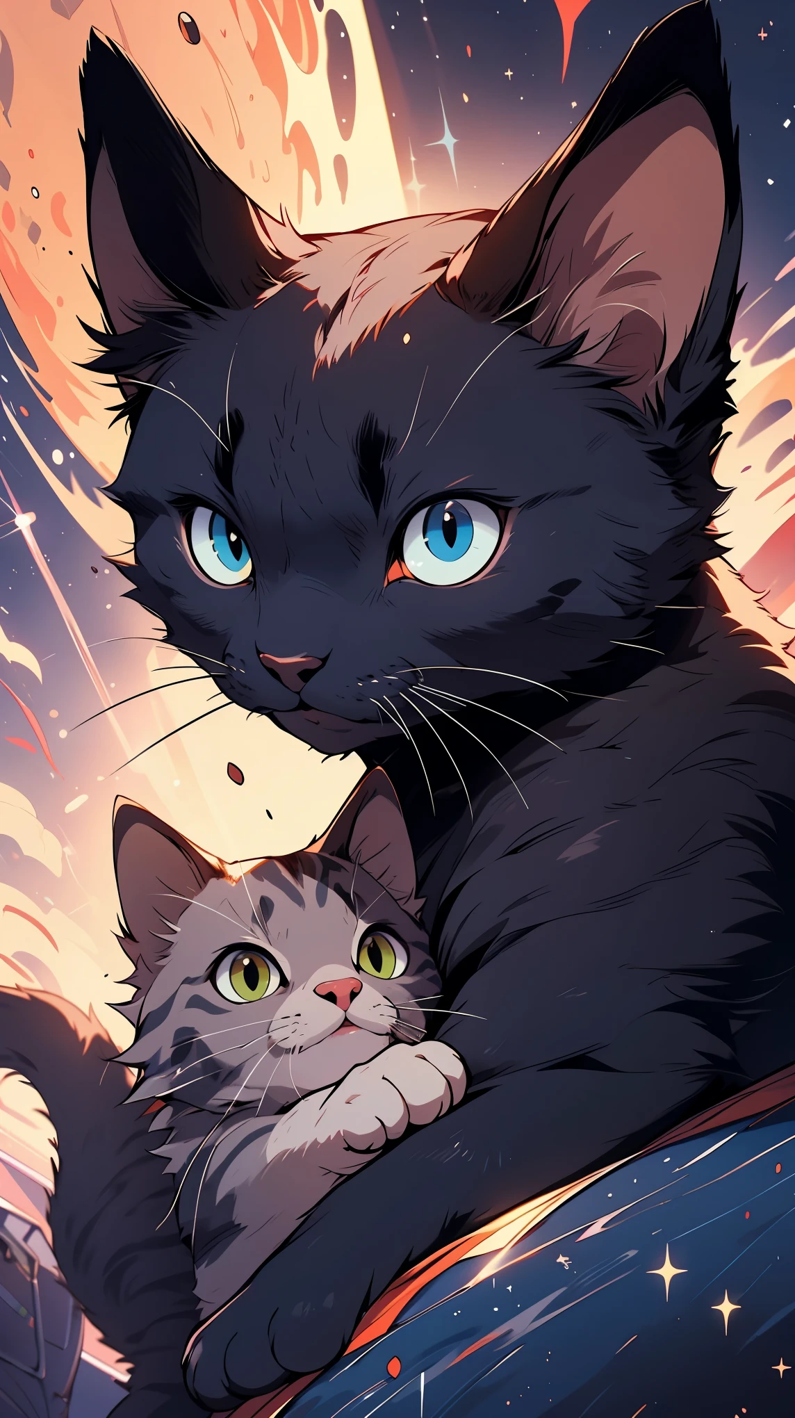 the highest quality of imagem, 8k, ultra-detalhado, wallpaper, a cat, in the middle of the galaxies, shining stars, close up of the cat's face, cute cat, black cat, purple galaxies