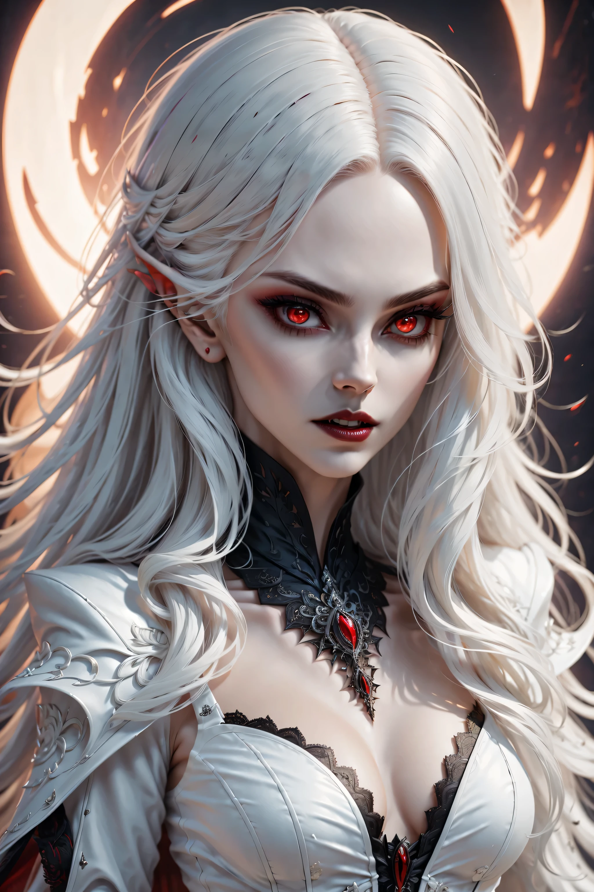 (best quality,4k,8k,high resolution,masterpiece:1.2),Super detailed,(actual,photoactual,photo-actual:1.37),gothic style,The atmosphere is gloomy,dark shadow,weird,unforgettable beauty,vampire girl,delicate eyes,Pale complexion,raven black hair,flowing long skirt,night view,Mysterious moonlight,hint of blood red,Gloomy and mysterious,Palette: deep black and rich purple,dramatic lighting,Ethereal and supernatural beings
