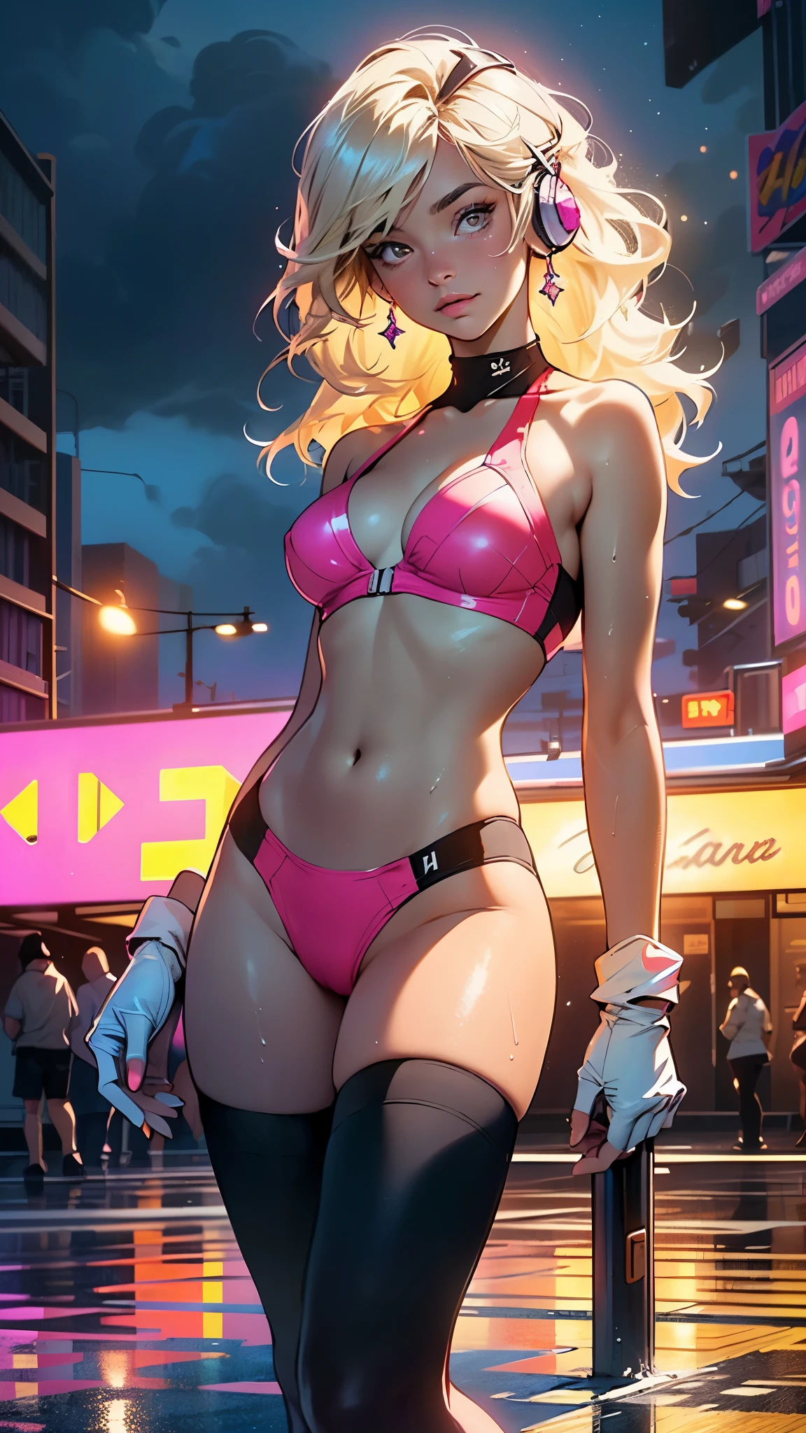 girl swimmer,((girl with extremely cute and beautiful blonde hair)),
(large breasts:1.4),saggy breasts,(((very light blonde hair:1.35,straight hair,long hair:1.4,colored inner hair,ear breathing))),((heterochromia:1.5, (pink_eye and yellow_eye))),intricate eyes,beautiful detailed eyes,symmetrical eyes,((fat)),(((lustrous skin:1.5,bright skin: 1.5,skin tanned,shiny skin,very shiny skin,shiny body,plastic glitter skin,exaggerated shiny skin,illuminated skin, wet legs))),(spider lower abdomen,narrow waist,wide hip,athletic body,inflated legs, thick thighs,detailed body,(detailed face)),
cute,slutty,seductive,erotic,((nsfw)),
zettai ryouiki,((two-piece swimsuit magenta,wearing a bikini outfit:1.3,sport bikini)),(rgb headphones:1.5,cyber gloves:1.5,huge mech-gloves),((wet clothes,intricate outfit,intricate clothes,intricate swimsuit, intricate bikini)),
cyberpunk city by the ocean at night, with bright neon signs and dark stormy clouds and puddles, scenery:1.25,nighttime, starry night, cosmos,Very dark night that makes the neon lights stand out, very bright neon lights,nighttime, starry night, cosmos,
(top-quality,8K,32K,masterpiece),high resolution,ultra-detailed,(Photorealistic:1.4,realistic,photo-realistic:1.37),professional,photo from the front,glitter,intricate,highly detailed,volumetric lighting,digital painting,intense,sharp,focus,((soaking wet)),magnificent,high fantasy,portrait,perfect rendered face,perfect face details,grim,medium shot,realistic face,photo realistic,analog style,bf,best quality,((intricate detail)),highres,((drawn)),cinematic lighting,(((realism))),((synthwave background theme)),(((vibrant colors))),by Richard Corben, by Miles Aldridge,by John Atkinson Grimshaw,art by artgerm and rutkowski and alphonse mucha,cgsociety