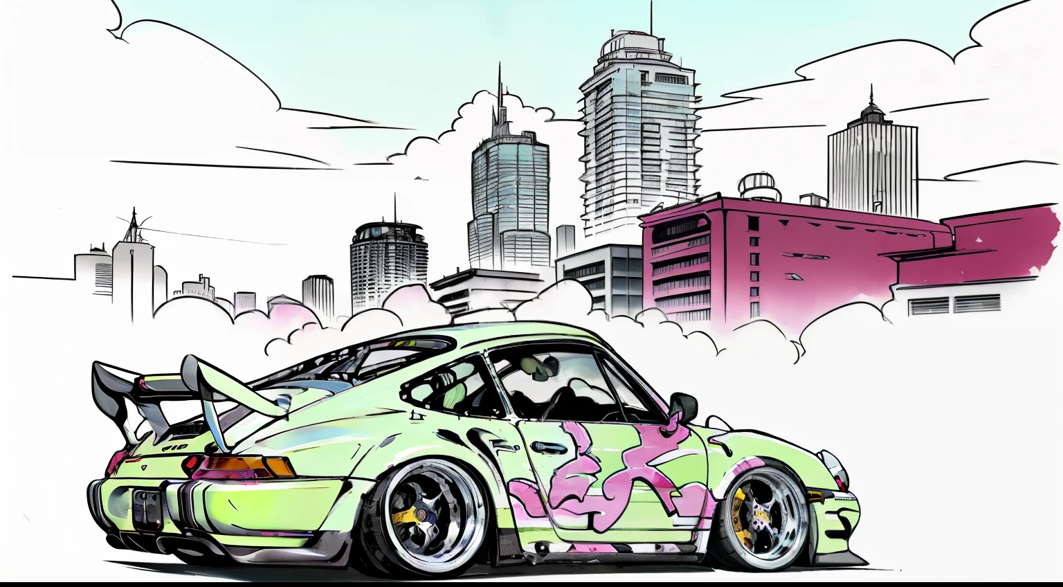 nvinkpunk, painting of a city with a pastel colored Porsche 911 rwb rotting,wide bodykit, large wheels, high quality,