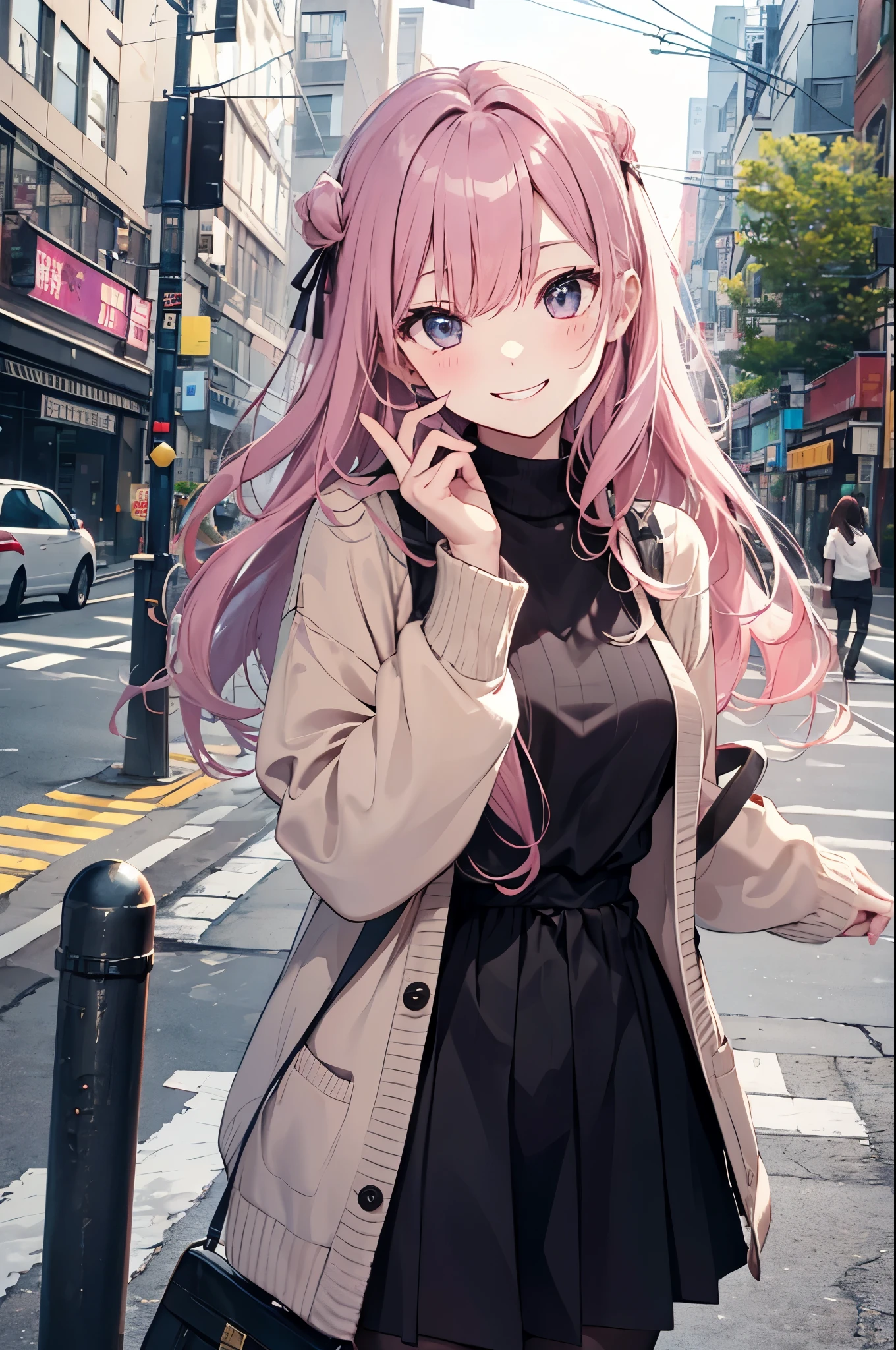 (Pretty sister:1.3)、happy face,spring atmosphere、cardigan、noon、aggressive、hot、hamburger、pink hair