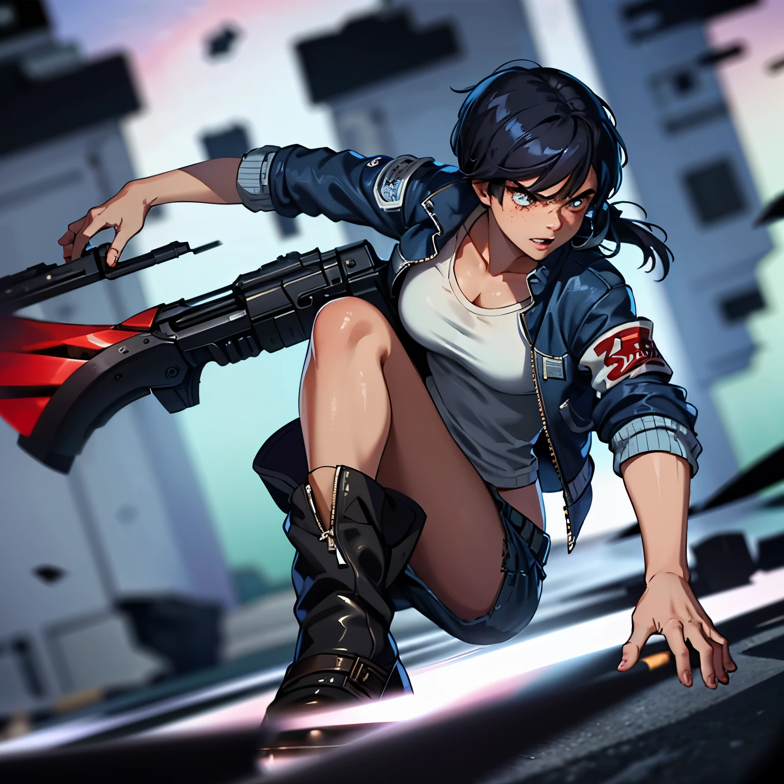 Masterpiece, Best Quality, Ultra-Detailed, 1girl, solo, (red bandanna on head:1.0), black hair, blue eyes, ((freckles:1.0)), freckles on face, blue eyes, serious expression, action shot, fight pose, serious expression, black tanktop, dark blue cargo pants, dark jacket, open jacket