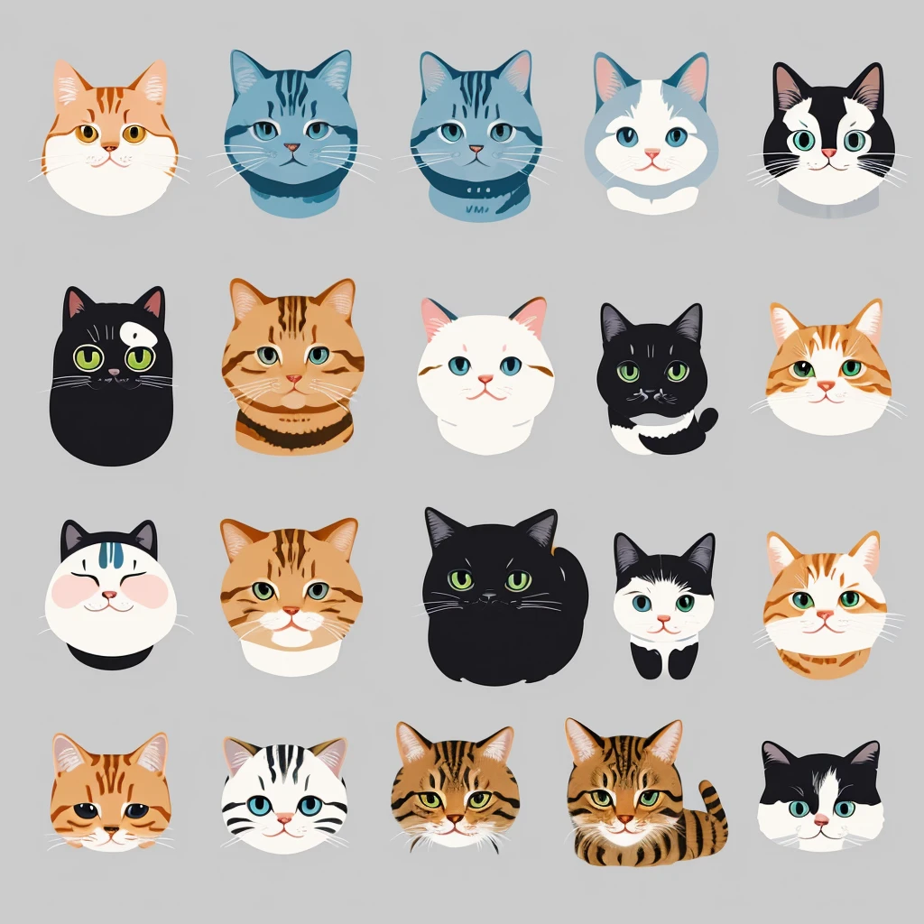 Cute cats, AI-inspired characters, Instagram icons, deformed, vintage colors, minimalist, simple logos