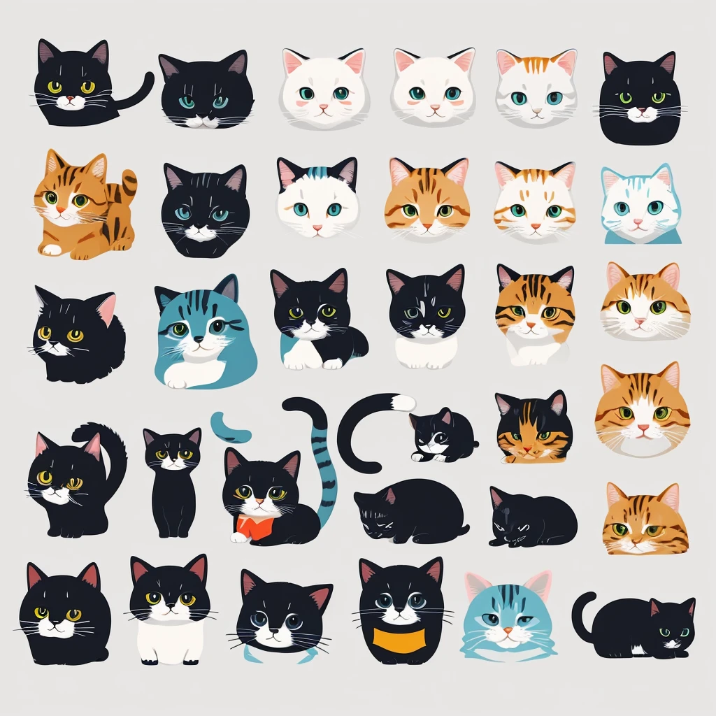 Cute cats, AI-inspired characters, Instagram icons, deformed, vintage colors, minimalist, simple logos