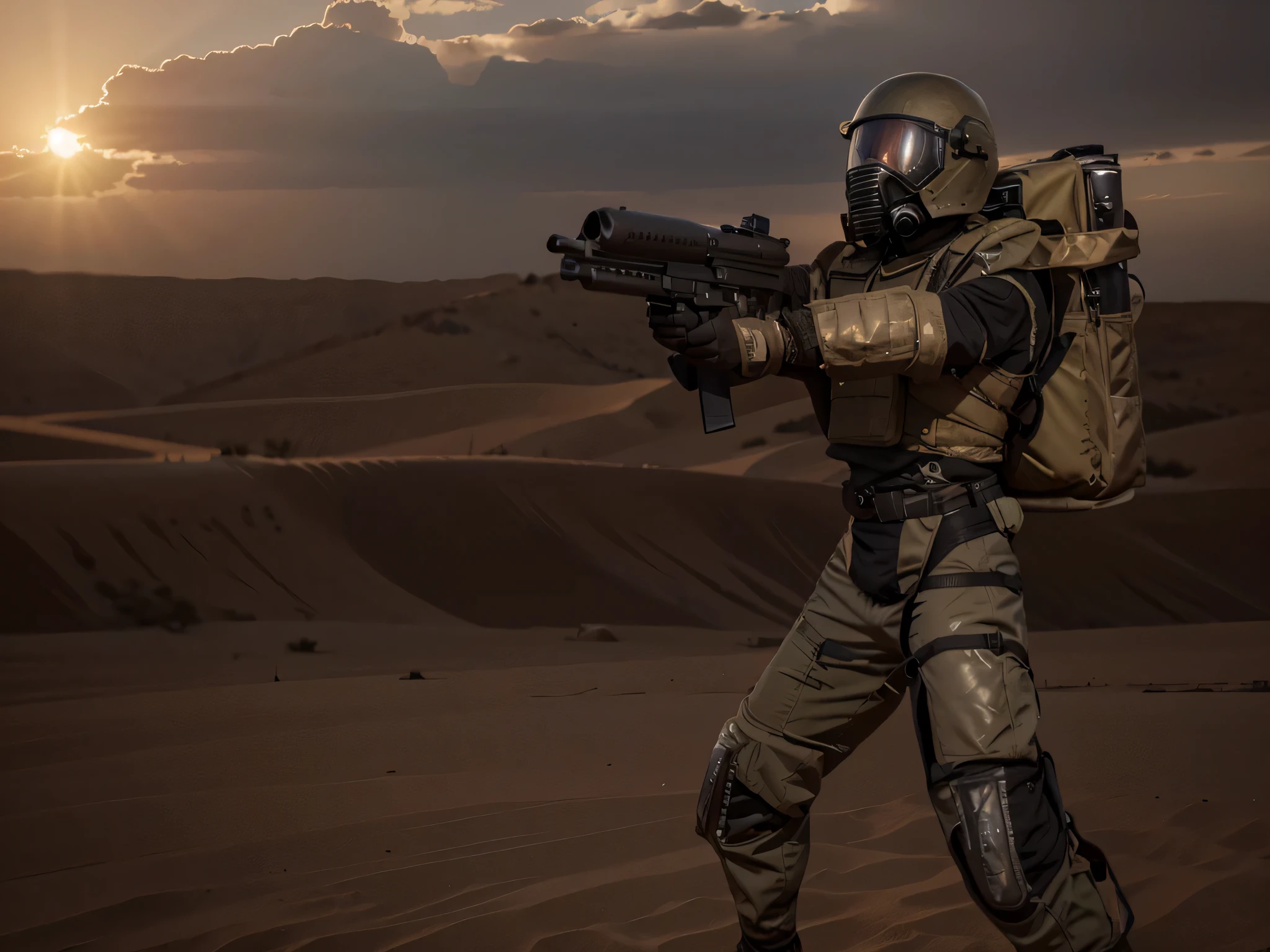 soldado masculino, uniforme militar beige, Casco de piloto avanzado, chaleco antibalas de metal avanzado, metal shoulder pads, Rodilleras de metal, Metal backpack, sostiene una metralleta, is on a battlefield in a post-apocalyptic desert, explosiones, greenish atmosphere, hermoso cielo del atardecer, ultra detallado, hyper realista, 4k, ultra detallado image, realista, muy detallado, perfect composition, splendid, intrincadamente detallado, incredibly detailed, Artistic photography in 8K, hiper detallado, Obra maestra