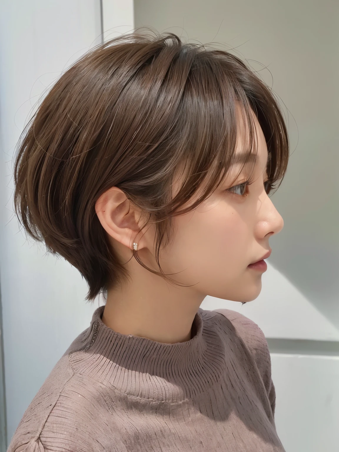 Taken in front of the white door、(8k、RAW photo、highest quality、masterpiece:1.2)、1 Japanese female、High-definition RAW color photo、professional photos、(realistic、フォトrealistic:1.37)、Photographed in natural light、1 girl、laughter、(Various poses)、squat、squat、break (ombre:1.3) 、spring clothes、 simple necklace、(long sleeve dress)、(Beautiful profile:1.3)、don't look at the camera、profile、shortcut、((brown hair)、short hair、Eye color dark brown、(Beautiful profile:1.3)、correct hand of human body、simple earrings