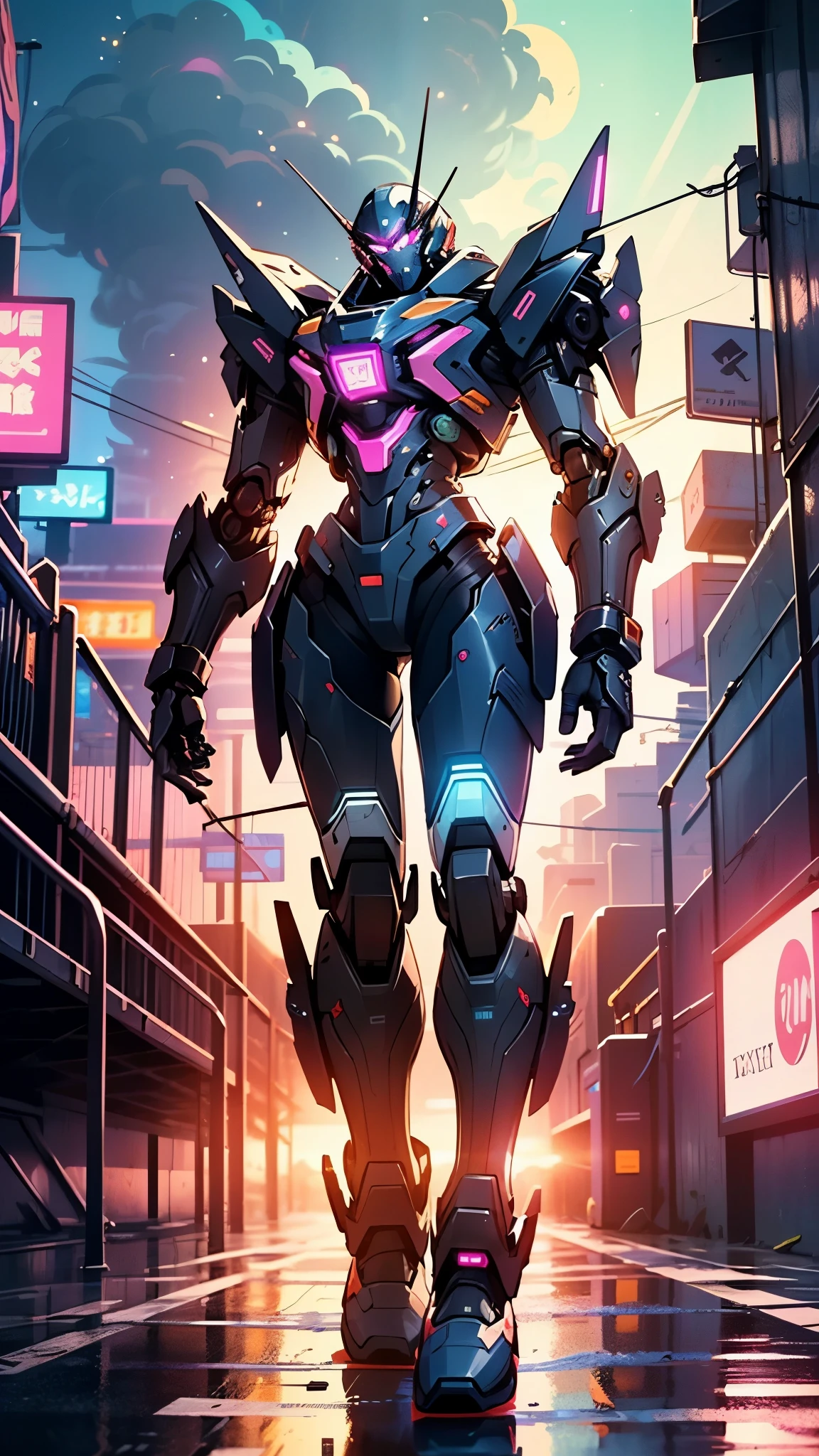 holding weapons, (no humans:1.3), glowing, (female mech: 1.3), female_mech,female robot, (flying: 1.3), glowing eyes, black mecha, science fiction, long legs, reality, mecha,
(dynamic pose:1.0),solo focus,embarrassed,(centered,scale to fit dimensions,Rule of thirds),
cyberpunk city by the ocean at night, with bright neon signs and dark stormy clouds and puddles, scenery:1.25,nighttime, starry night, cosmos,Very dark night that makes the neon lights stand out, very bright neon lights,
artistic photography,(photography taken by sldr),highres, sharp focus, (ultra detailed, extremely detailed), (photorealistic artwork:1.37),(extremely detailed CG unity 8k wallpaper),((synthwave background theme)),(((vibrant colors))),(intricate background),(masterpiece),(best quality)