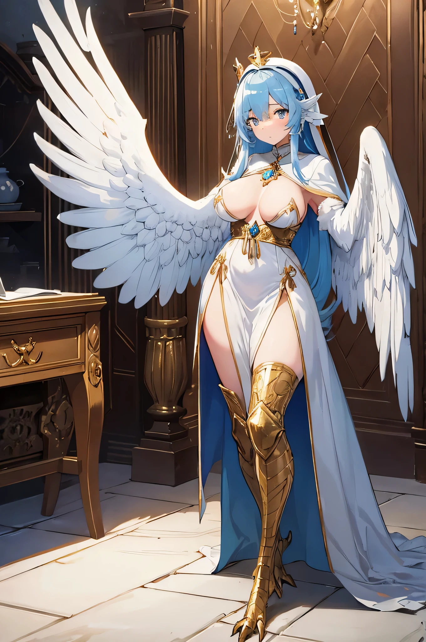 4k,High resolution,one woman,harpy,blue hair,long hair,big breasts,white wings,golden toenails,White nun dress,white holy armor,gold crown,jewelry embellishments,castle in the sky