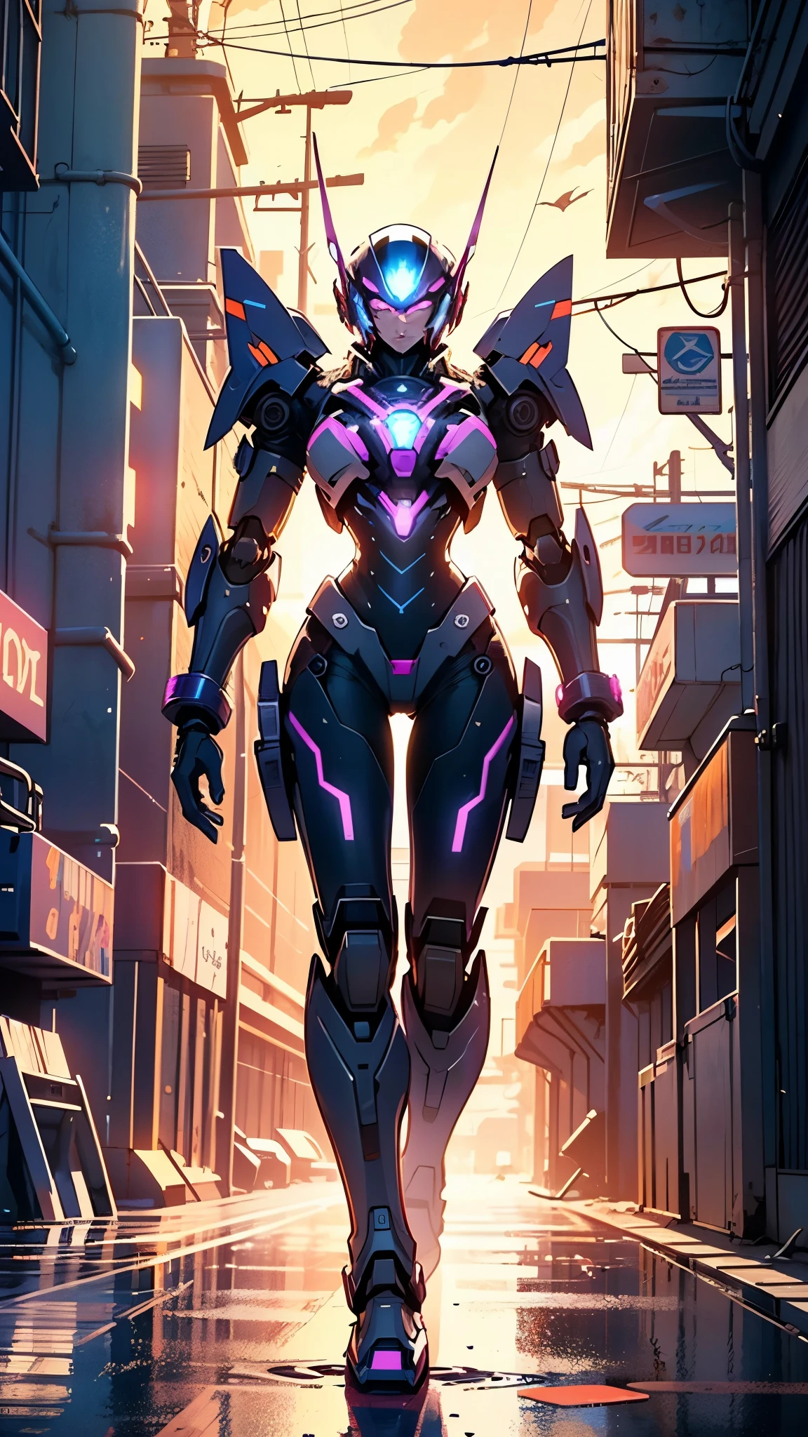 holding weapons, (no humans:1.3), glowing, (female mech: 1.3), female_mech,female robot, (flying: 1.3), glowing eyes, black mecha, science fiction, long legs, reality, mecha,
(dynamic pose:1.0),solo focus,embarrassed,(centered,scale to fit dimensions,Rule of thirds),
cyberpunk city by the ocean at night, with bright neon signs and dark stormy clouds and puddles, scenery:1.25,nighttime, starry night, cosmos,Very dark night that makes the neon lights stand out, very bright neon lights,
artistic photography,(photography taken by sldr),highres, sharp focus, (ultra detailed, extremely detailed), (photorealistic artwork:1.37),(extremely detailed CG unity 8k wallpaper),((synthwave background theme)),(((vibrant colors))),(intricate background),(masterpiece),(best quality)