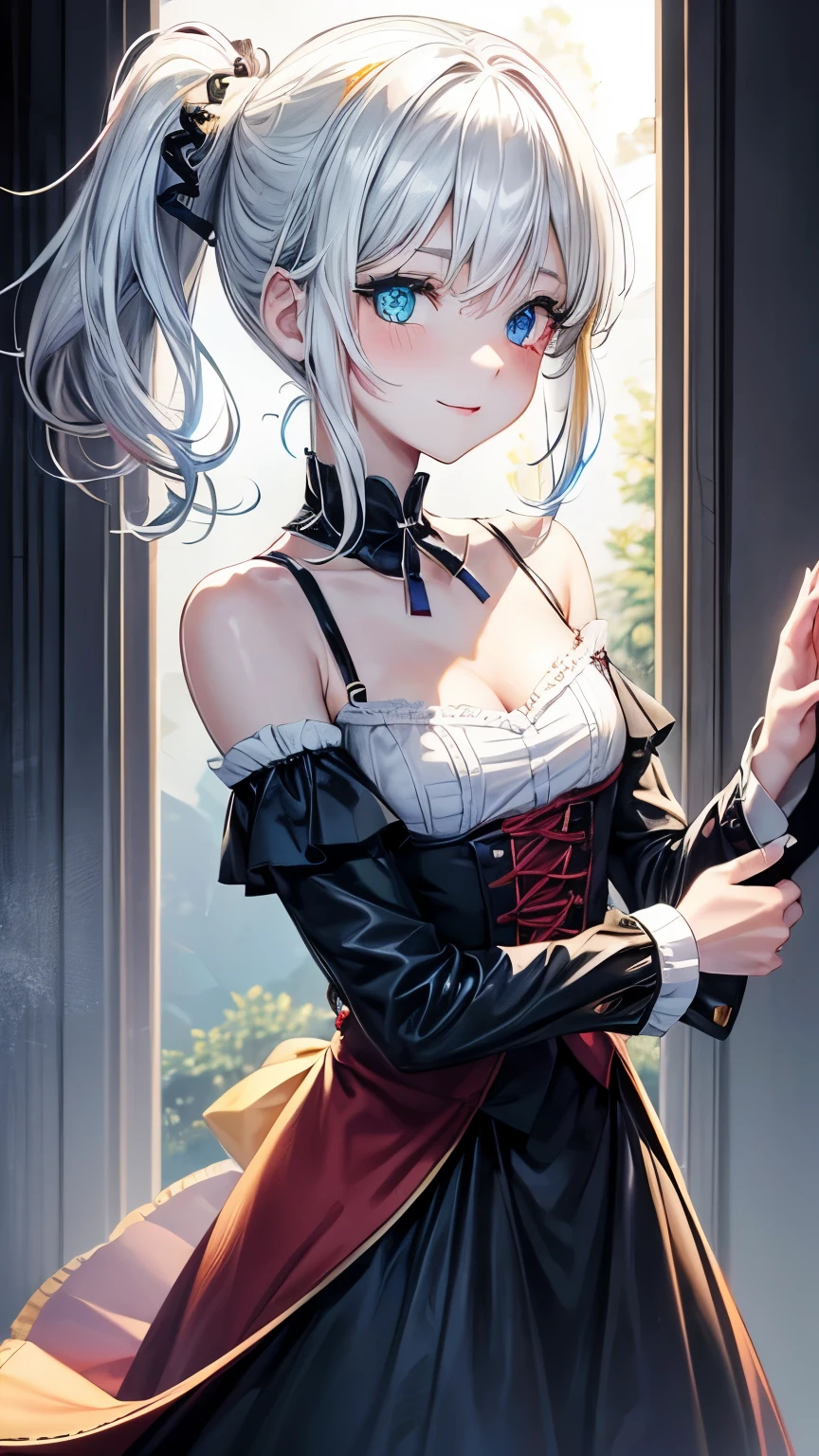 27 years old Japanese tidy lady ((small breast, slender)), blonde colored smooth curly hair ((very short hair, upper ponytail )),((asymmetrical much shaggy long forelock)),BREAK, dirndl ((deep red, jet-black, ))((off-shoulder)), tidy and fearless face, her arm grabbed by her other hand, seductive and friendly smile,BREAK, big droopy innocent eyes (( shiny blue eye, shiny pale yellow eye, heterochromia:1.4)), eyelashes, blush , BREAK, tidy and pleasant atmosphere,((face focus)), 