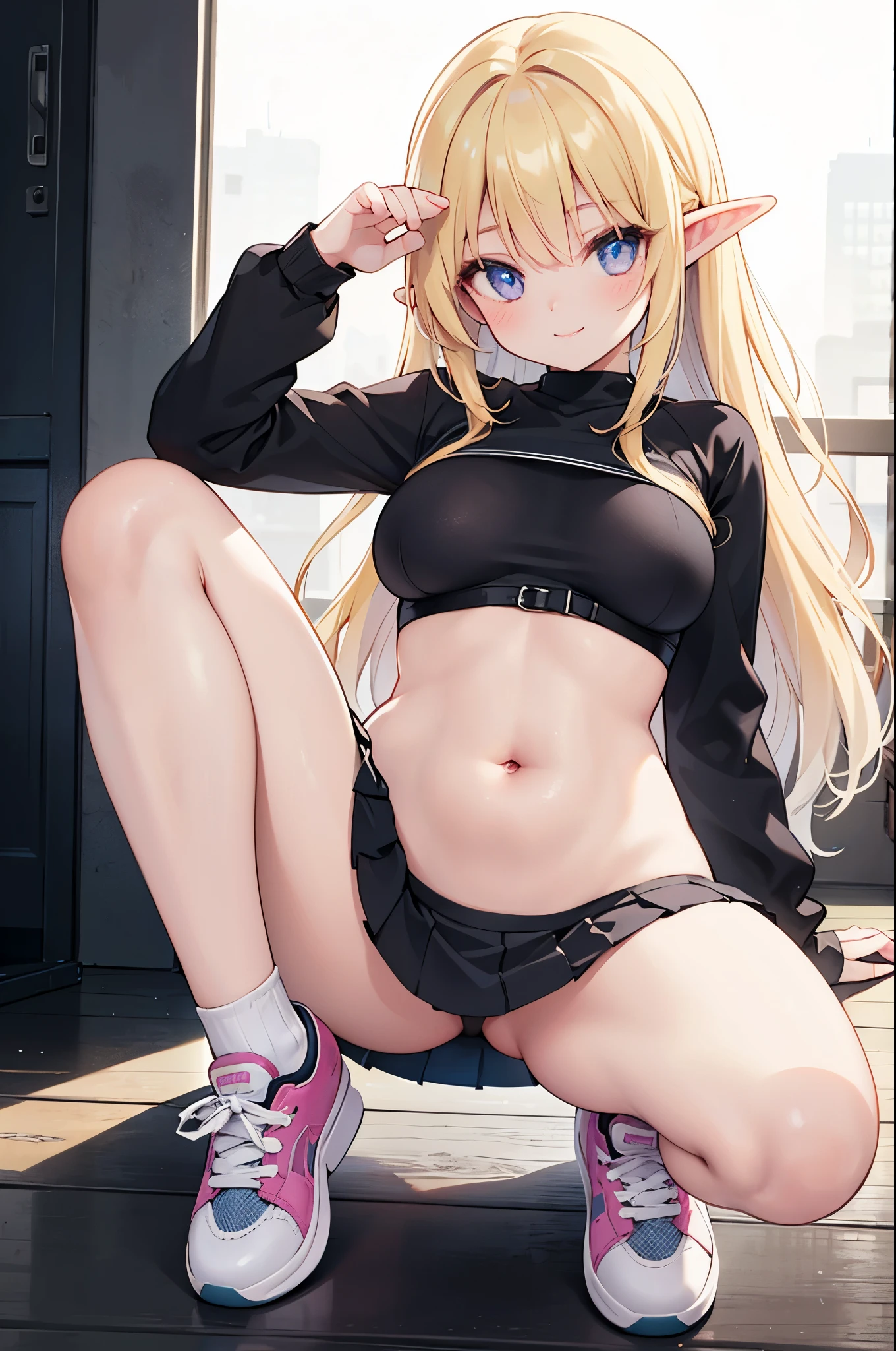 realistic image, coherent image, detailed image, 1 beautiful elf. She has long wavy hair, blonde hair, bangs that cover her eyes. Her eyes are purple, long eyelashes. Her face is oval and delicate, smiling. She is wearing a long-sleeved top, showing her navel, and a pleated mini skirt. She has a curvy body, medium breasts, thick thighs, sneakers. sexy pose. Neon lights background, natural lighting, volumetric lighting,