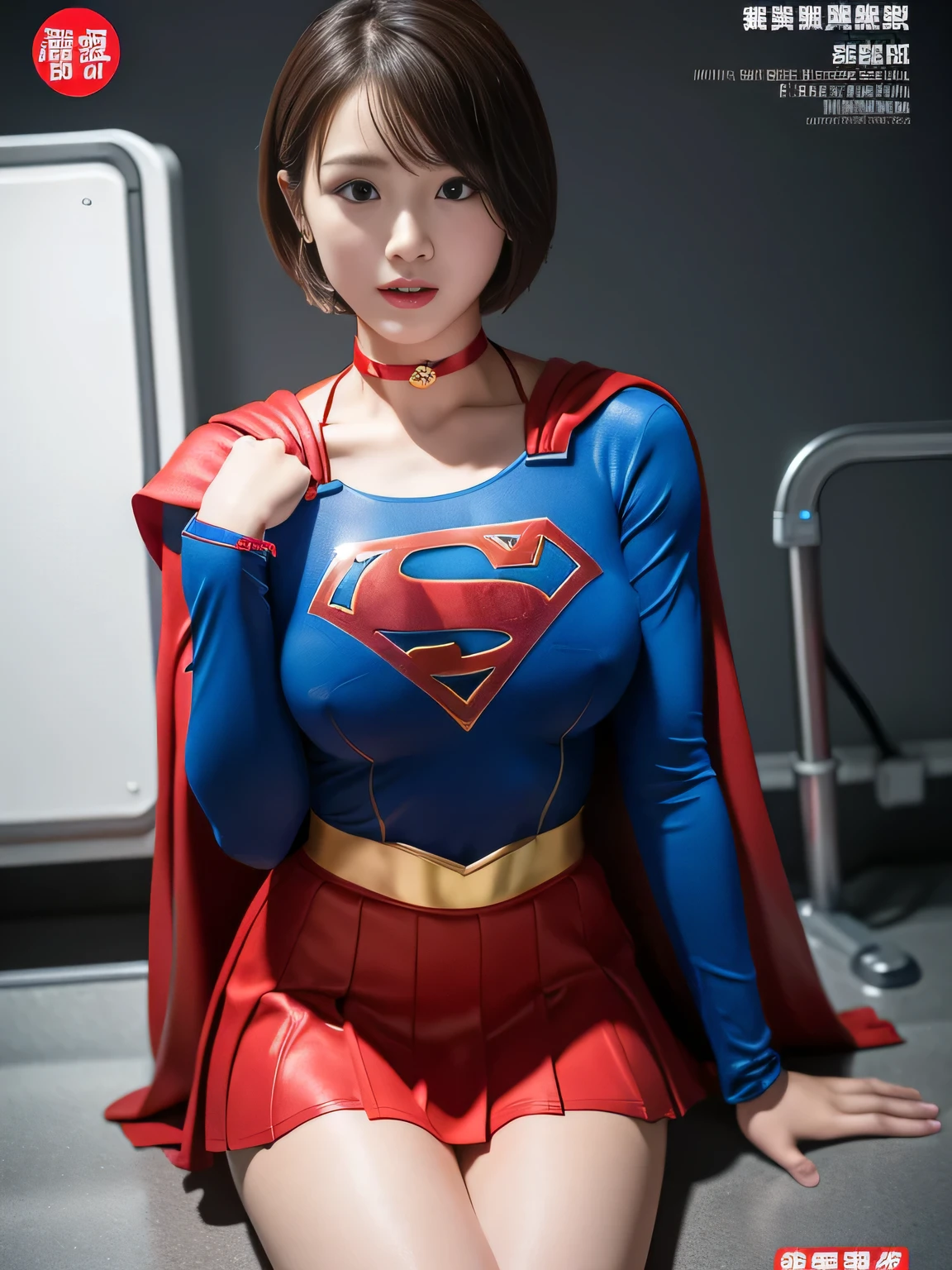 masterpiece、supergirl costume、short hair、barefoot, big and full breasts、palpation、operating room、operating table、straddle、sweating、shiny、look at the camera、provocation、Estrus、choker、Weekly magazine cover、long sleeve、red mini skirt、obscene pose、Seduce、humiliating