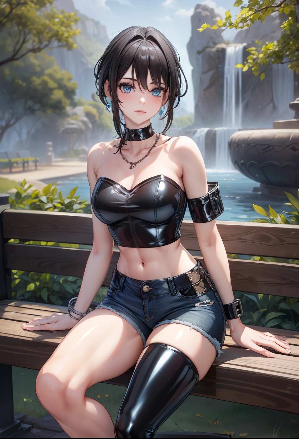 8k, highres, ultra detailed, (masterpiece:1.4), best quality, symmetrical body, (black latex strapless crop top:1.4), (jeans shorts:1.4), choker, cute, solo, earrings, short hair, blue hair, blue eyes, glow effect, finely eye, detailed face, looking at viewer, seductive face, in the park, sitting on bench, angled view, big breasts, seductive look, perfect fingers, voluptous
