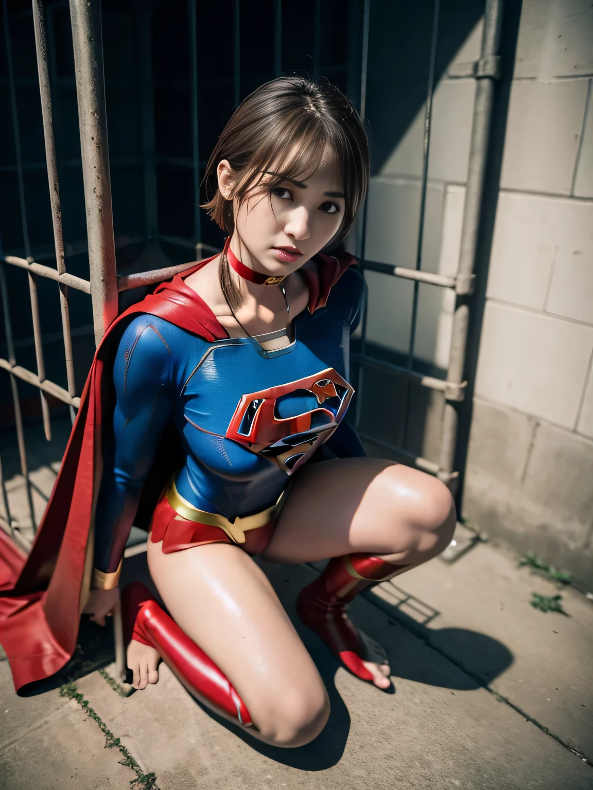 masterpiece、supergirl costume、short hair、barefoot、big and full breasts、palpation、Crisis situation、prison、in a cage、insult、kneel down、sweaty、shiny、looking at camera、Seduce、choker、long sleeve、red sexy pose、POW camps、humiliating