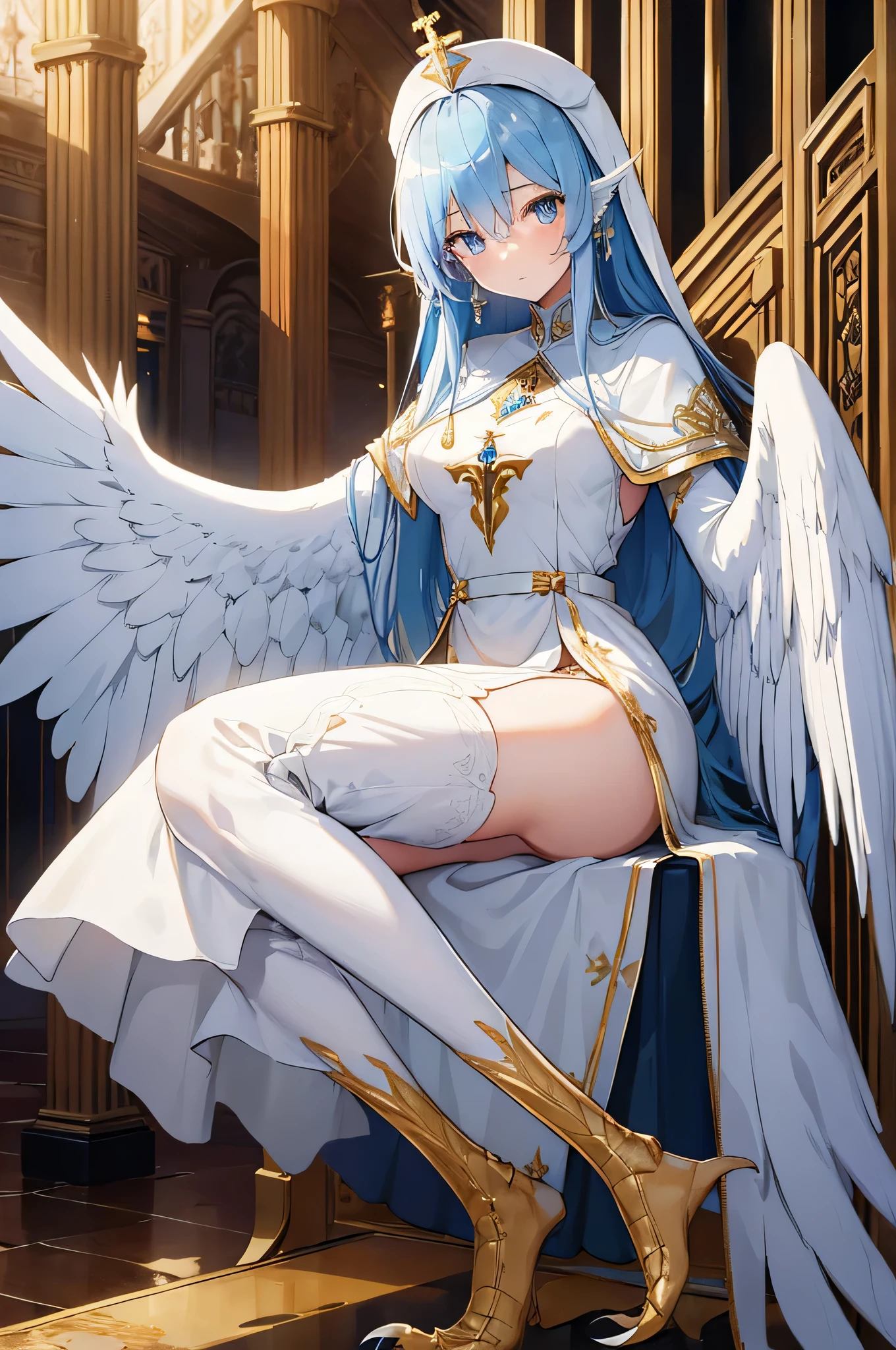 4k,High resolution,one woman,harpy,blue hair,long hair,white wings,golden toenails,White nun dress,white holy armor,gold crown,jewelry embellishments,castle in the sky
