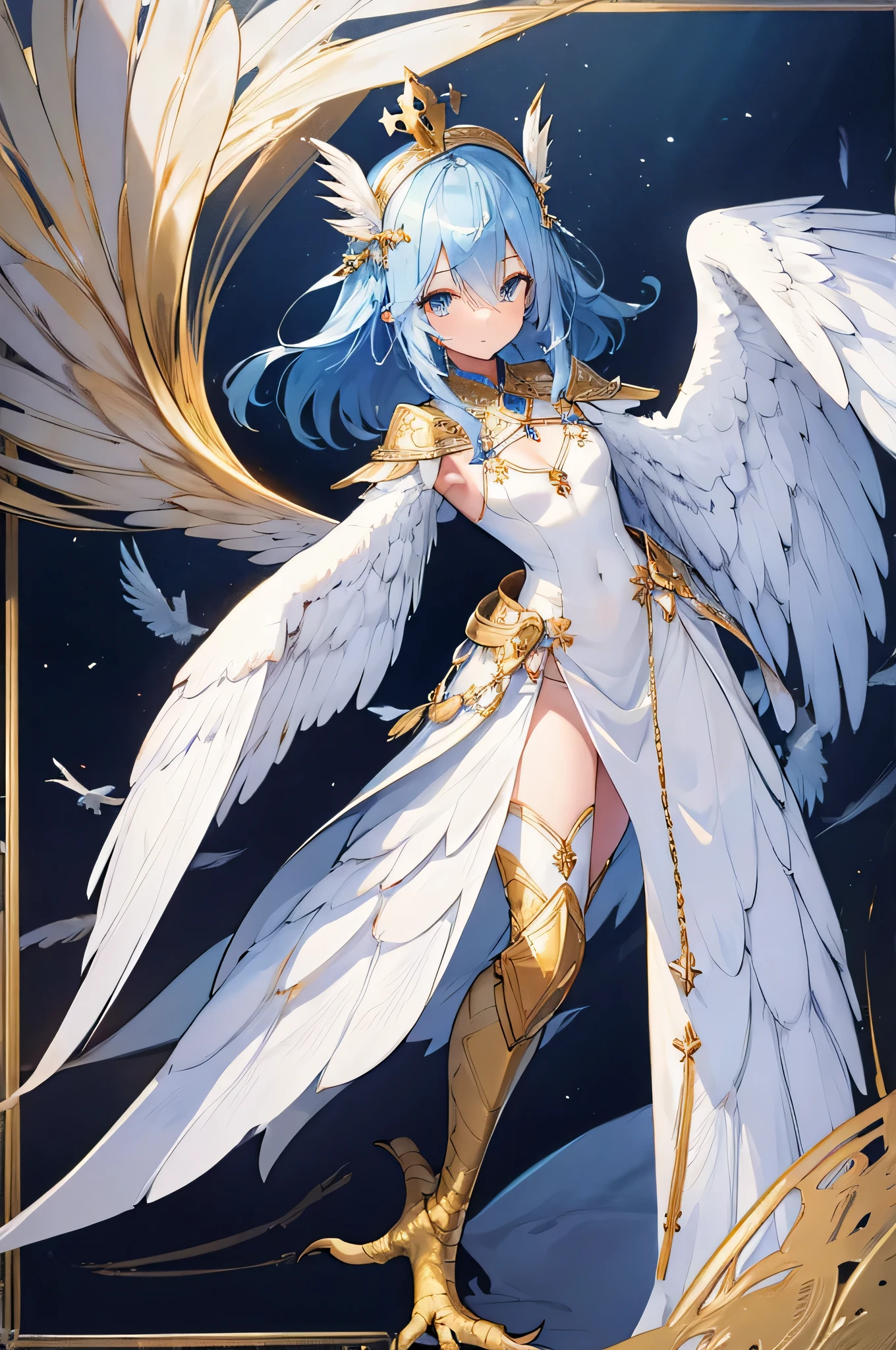 4k,High resolution,one woman,harpy,blue hair,long hair,white wings,golden toenails,White nun dress,white holy armor,gold crown,jewelry embellishments,castle in the sky