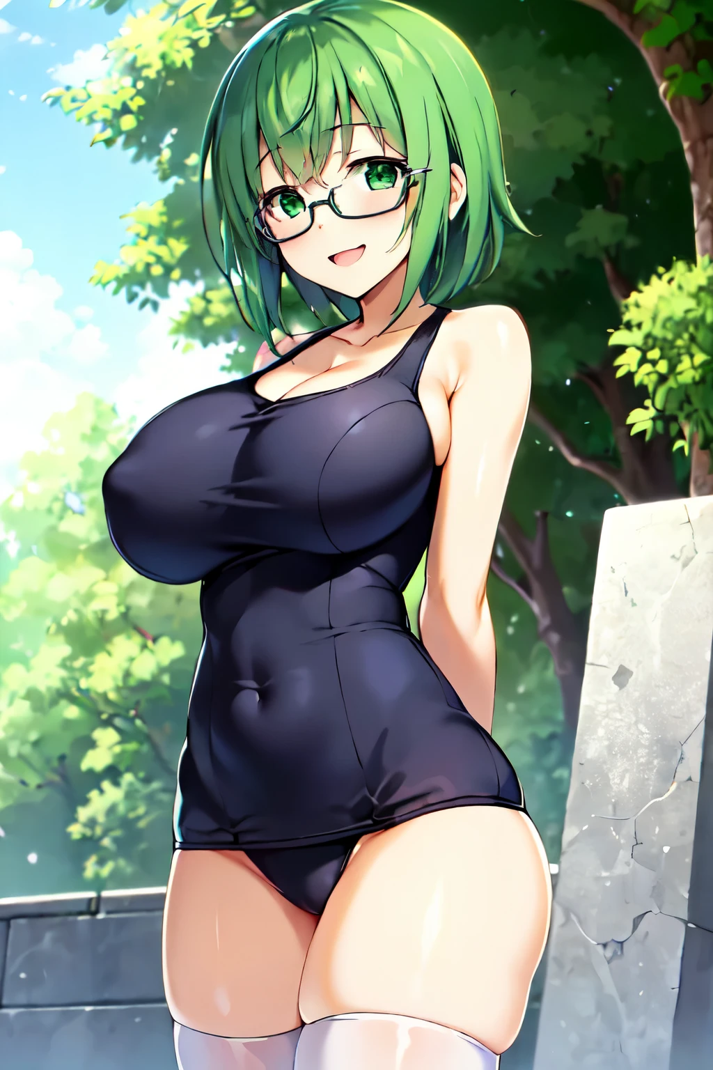 1girl, solo, green hair, short hair, green eyes, one-piece swimsuit, arms behind back, pussy line, huge breasts, white thighhighs, smile, absurdres,