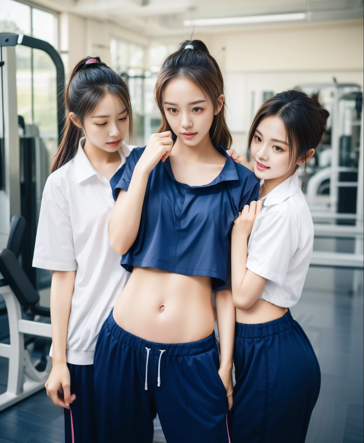 3 girls in fitness center, Blue short sleeve shirt,Sweatpantsขายาวสีกรมท่า,Sweatpants, Sweatpantsขายาว,25 year old girl, lesbian, sexy, exercise clothes, wet body, exercise clothes