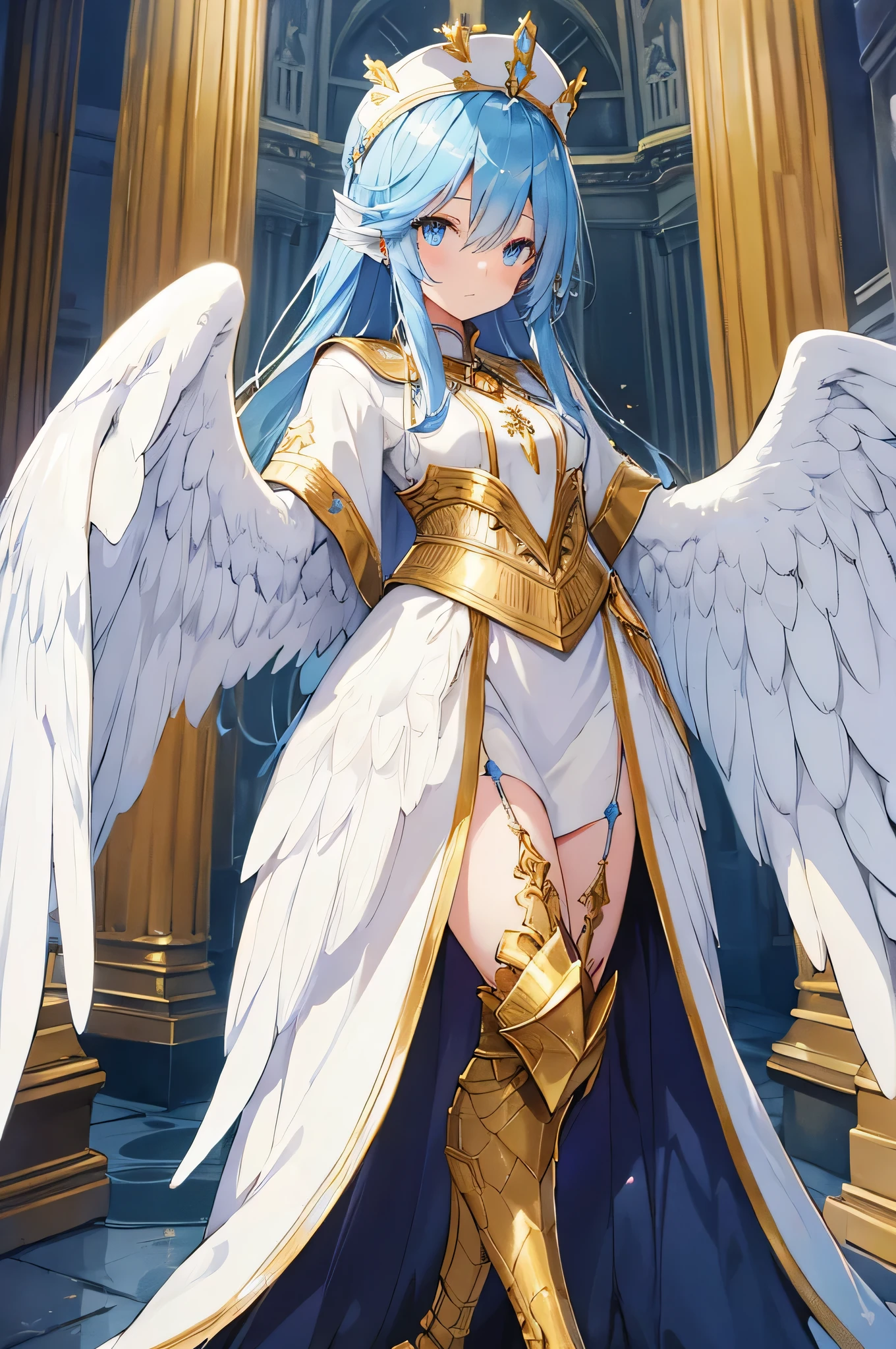 4k,High resolution,one woman,harpy,blue hair,long hair,white wings,golden toenails,White nun dress,white holy armor,gold crown,jewelry embellishments,castle in the sky