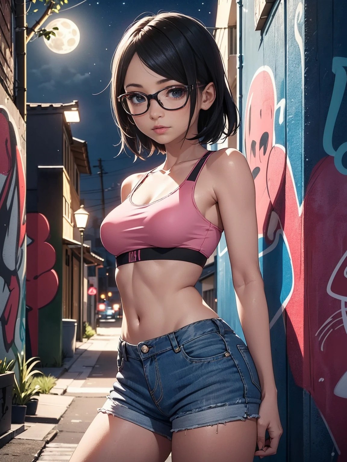 ((Sarada Uchiha, short hair, black eyes, glasses, uchiha sarada)), ((solo, 1woman, pink lipstick, Extremely detailed, ambient soft lighting, 4k, perfect eyes, a perfect face, perfect lighting, a 1girl, small breasts)) austere, ((malicious, (sports bra), jeans, short shorts, unbuttoned shorts)), night sky, clouds, , lots of , (graffiti alley, graffiti walls, in an alley, night, moonlight, starry night)