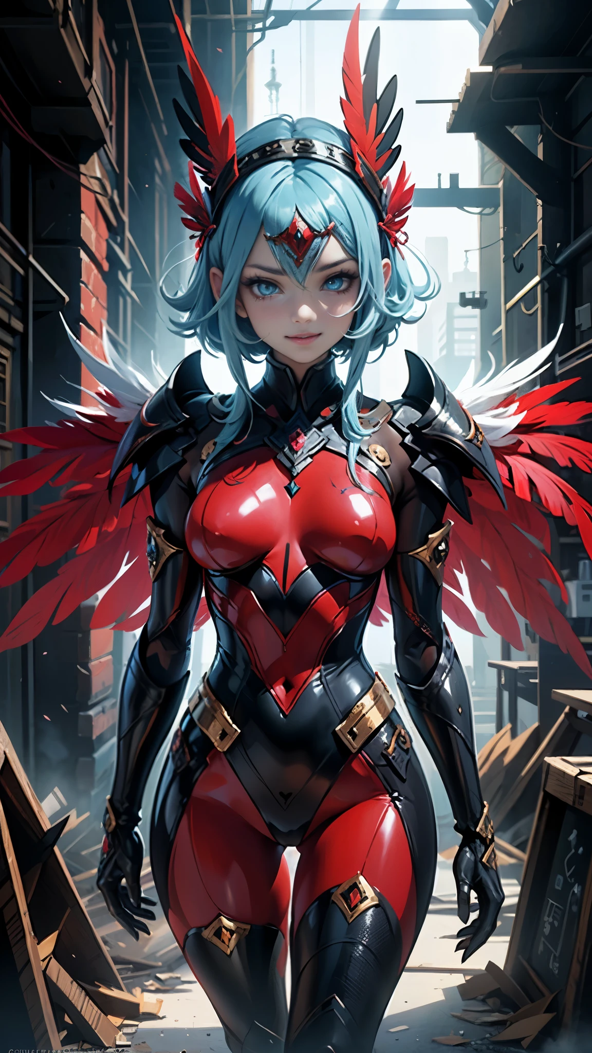 (obra maestra, Mejor calidad), detalles intrincados, (((Kaihuai))), valquiria, (((kawaii))), sonrisa alegre, ver al espectador, (Crimson feather headdress wings White :1.4) , night alley , mano arriba, , primeros planos faciales, light particles,
1 chica en, Solo, realista, ultra-detallado, (piel brillante:1.4), absurdo, esbelto, dynamic lighting, high resolution, sharp focus, profundidad de campos, (hermosos ojos azules) , (((pecho plano))), (muslos gruesos:1.0), (dedos detailed:1.4)
retrato, flequillo amplio, Pelo corto con rizos negros, Sapphire drooping eyes, Crimson thighs, Unique dark red slit sleeve, robotic joints, Crimson Grove, Crimson stockings, Crimson Booster Set, Alas de cuervo, pantys, Full crimson armor, decoraciones florales,(fondo laboratorio abandonado ruinas :1.4), ,( ciberpunk 2.1)