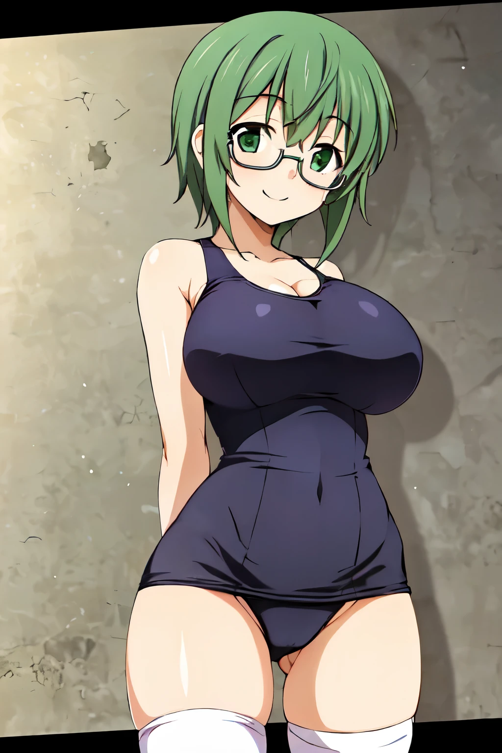 1girl, solo, green hair, short hair, green eyes, one-piece swimsuit, arms behind back, pussy line, huge breasts, white thighhighs, smile, absurdres,