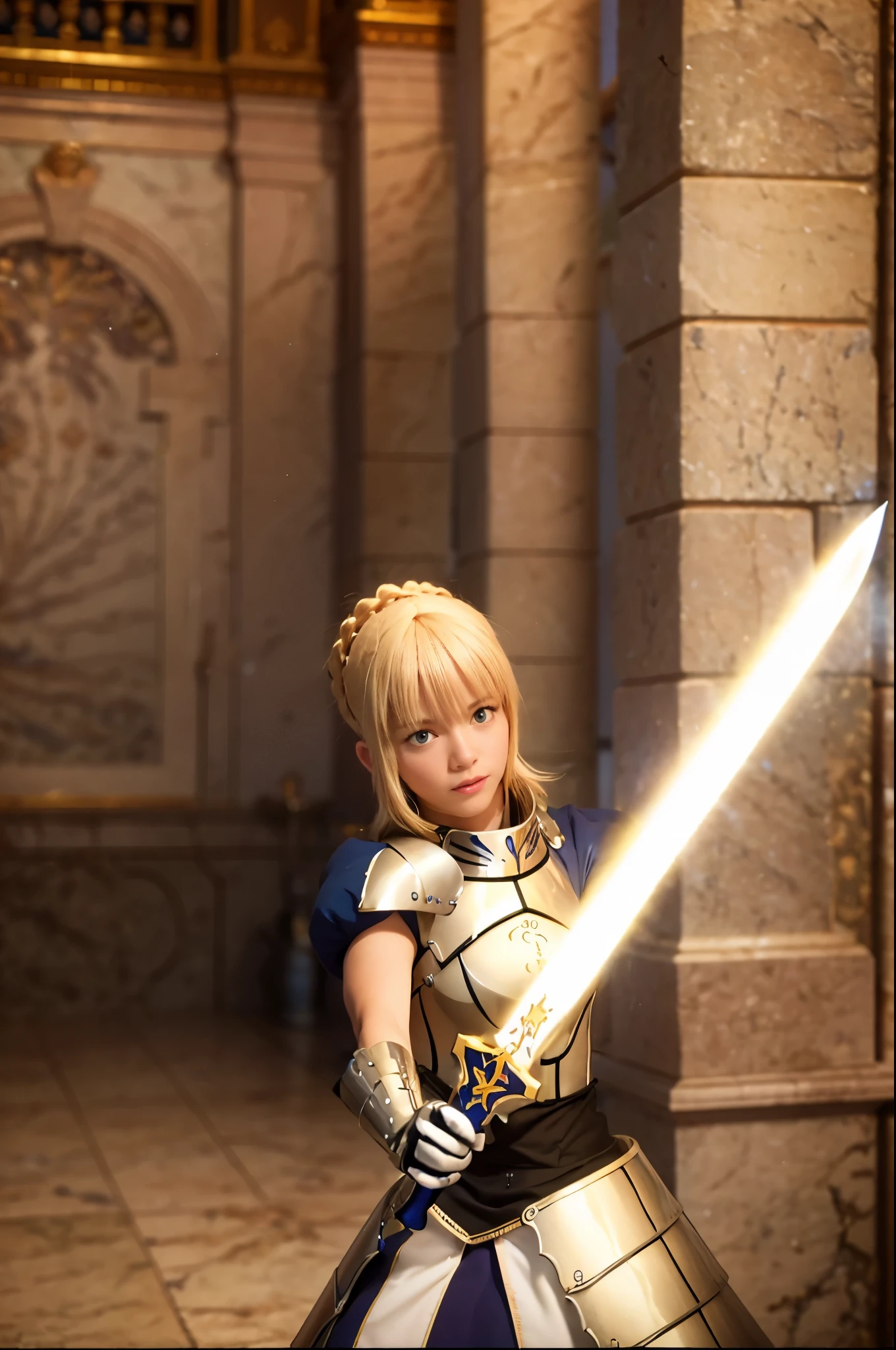 1girl,(((17 years old))),(a blond), (braided single hair bun)), (huge breast:1.5), (((armor))),(((showing nipples))), ((beautiful anime eyes with fine detail)), ((indigo blue ribbon)), realistic skin, (intricate details), ((lighting forward)), depth field, ((ultra high resolution, high res)), {highres}, {{very fine 8KCG wallpapers}}, {{very precise detailed}}, ((((masterpiece)))),background old castle, ((grasp a excalibur)), ((golden sword))