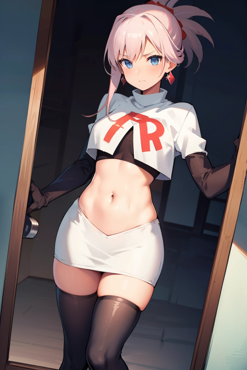 miyamotomusashi, miyamoto musashi, asymmetrical hair, blue eyes, earrings, hair ornament, pink hair, ponytail, sidelocks,team rocket,team rocket uniform, red letter R, white skirt,white crop top,black thigh-highs,black elbow gloves