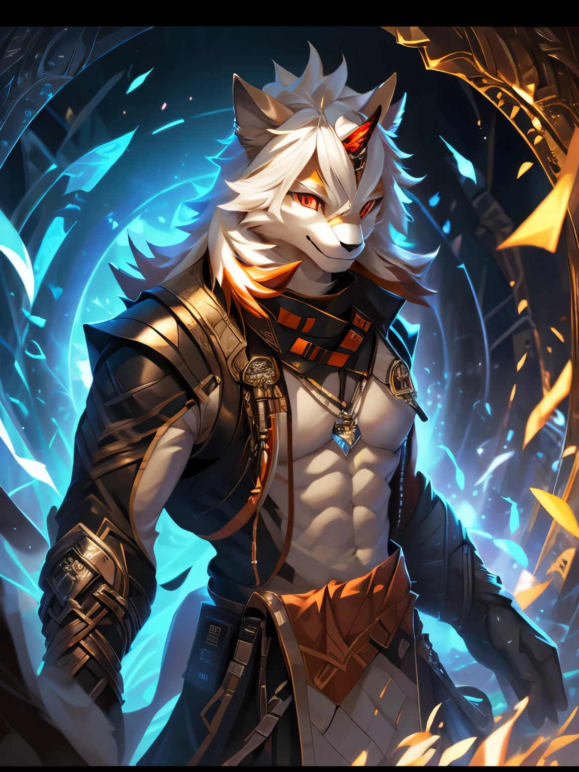 4k, high resolution, best quality, perfect colors, perfect shadows, perfect lighting, posted on e621, (by Chunie), male, furry,  anthro, hung (/arknights/), red eyes, (Realistic eye details 1.2), abs, slim body, Perfect centralization, Fantastic Black-White beam, V0id3nergy, delight, Standing position, Abstract beauty, centre, Looking at the camera, Facing the camera, nearing perfection, Dynamic, highly  detailed, Liso, sharp focus, 8K, A high resolution, illustration