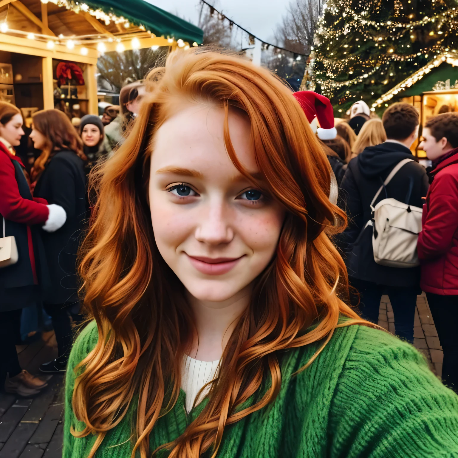 1girl in, 19, Solo, Aesthetic artwork, irish, wavy ginger hair, shoulder length hair, at a Christmas market with friends, selfie