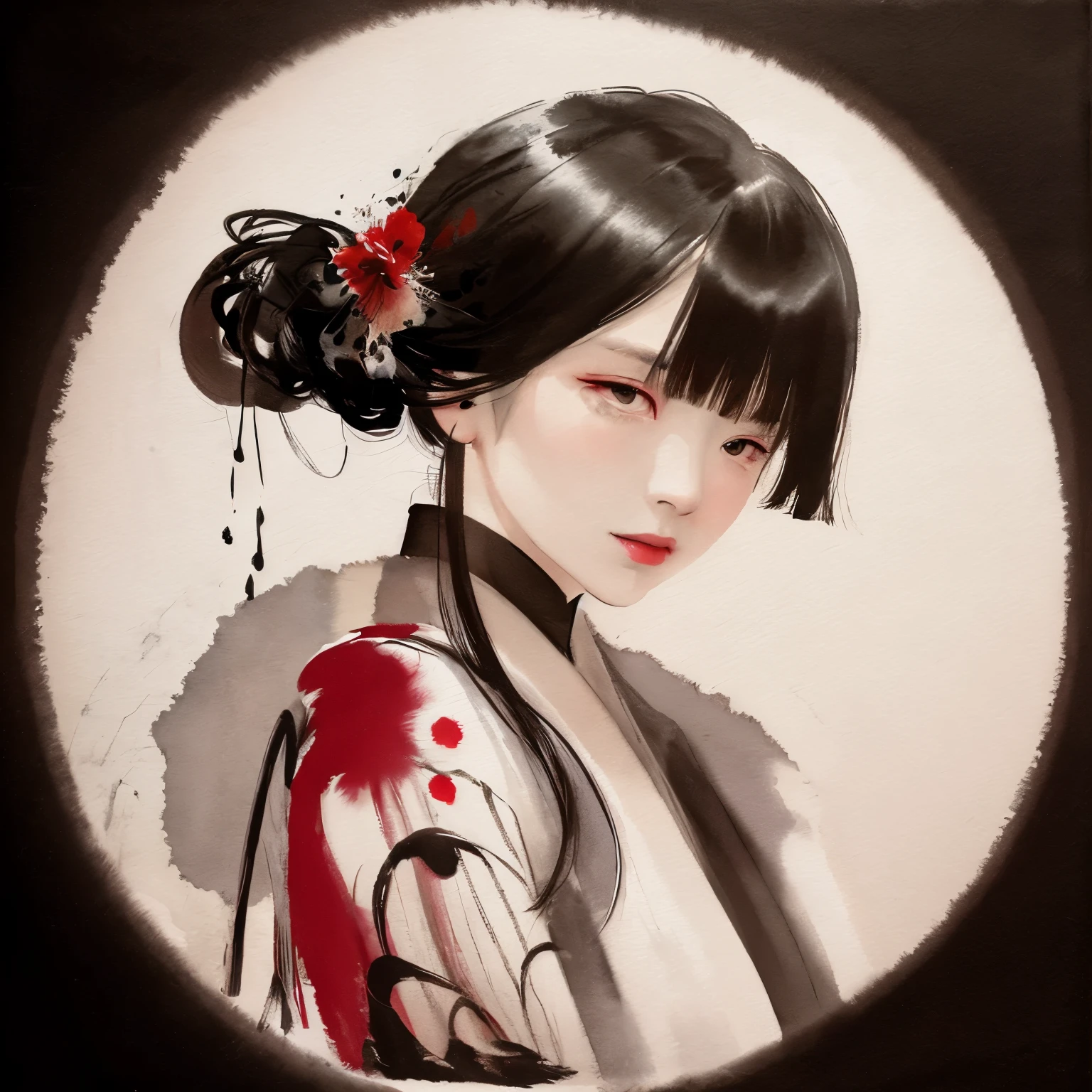 a painting of a woman in red with black hair, in the style of delicate ink washes, epic fantasy scenes, chinese painting, splattered/dripped, white background, traditional costumes, soft focus lens