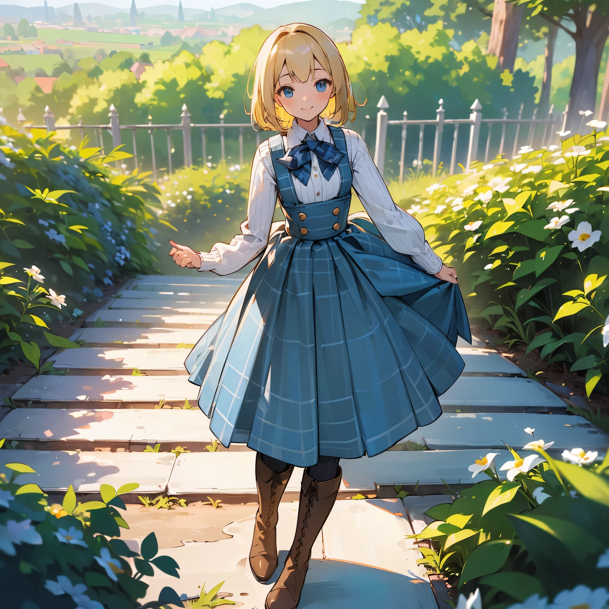 (high quality, High resolution, Super detailed, reality:1.37), peaceful atmosphere, (outdoors, garden), teenage girl standing alone, (big chest.), beautiful detailed features, cute smile, (blonde bob hair), ribbed sweater, blue plaid skirt, black tights, brown boots.