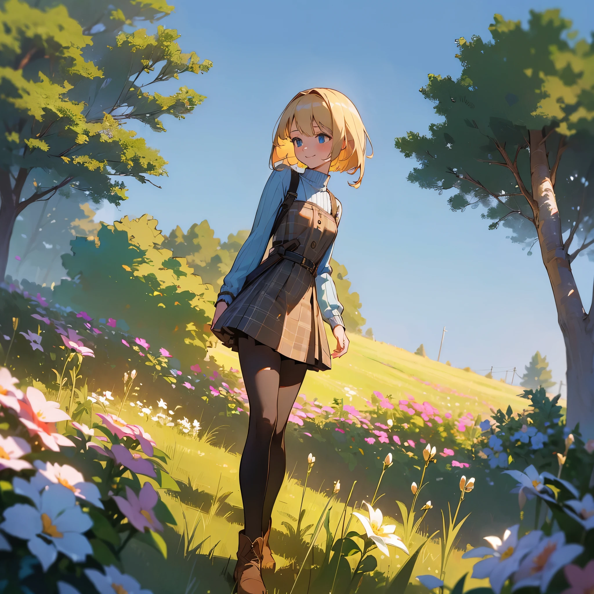 (high quality, High resolution, Super detailed, reality:1.37), peaceful atmosphere, (outdoors, garden), teenage girl standing alone, (big chest.), beautiful detailed features, cute smile, (blonde bob hair), ribbed sweater, blue plaid skirt, black tights, brown boots.