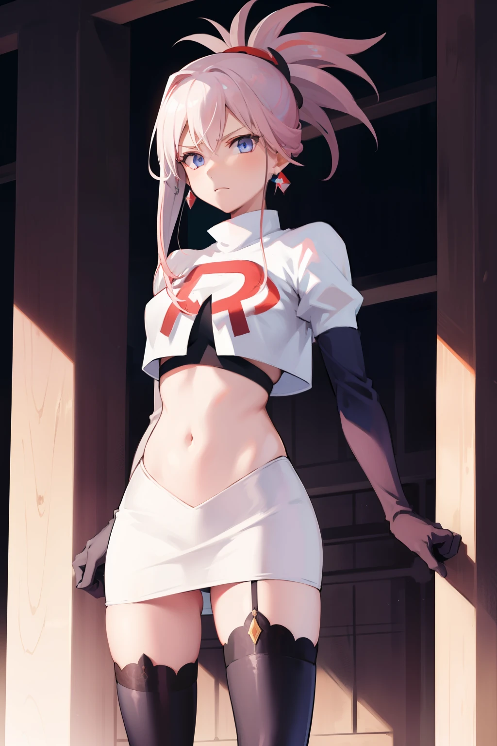 miyamotomusashi, miyamoto musashi, asymmetrical hair, blue eyes, earrings, hair ornament, pink hair, ponytail, sidelocks,team rocket,team rocket uniform, red letter R, white skirt,white crop top,black thigh-highs,black elbow gloves