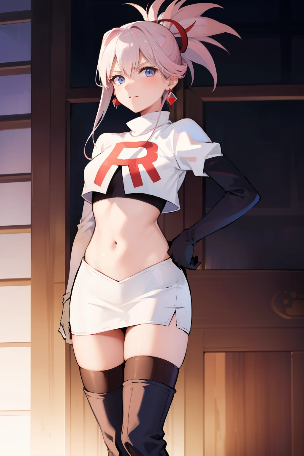 miyamotomusashi, miyamoto musashi, asymmetrical hair, blue eyes, earrings, hair ornament, pink hair, ponytail, sidelocks,team rocket,team rocket uniform, red letter R, white skirt,white crop top,black thigh-highs,black elbow gloves