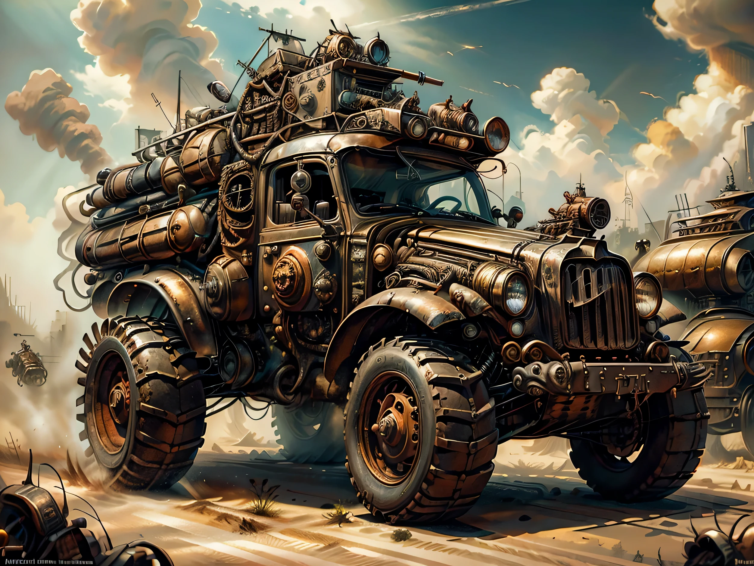 8K high resolution and clear image. La imagen debe ser super original y compleja,  con una variedad de 
colores hermosos y vibrantes.(Obra maestra, Mejor calidad),vehiculo al estilo mad max a toda velocidad ,dejando estelas de arena vehiculos grandes ,mucho metal y epicos, conductores hombres al estilo mad max, peinados estilo punk adornos de metal cadenas. The backdrop of this masterpiece is nothing short of epic..., 
showing a destructive apocalyptic scene
