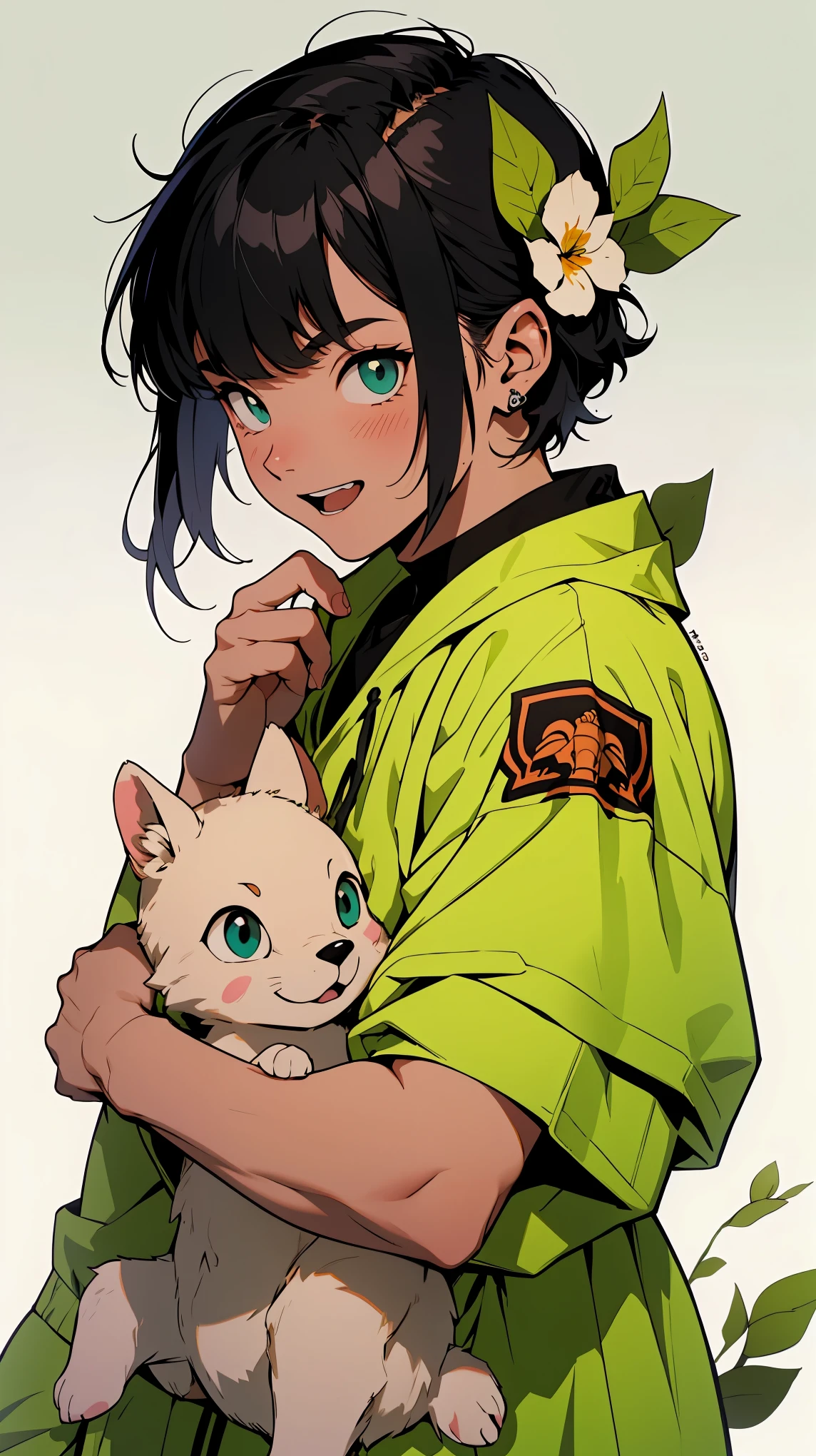1 garota, :d, penugem de orelha de animal, orelhas de animais, franja, black hair elastic, Cabelo loiro, blurry, blurry background, profundidade de campo, vestir, frilled vestir, babados, green vestir, olhos verdes, hair elastic, containment, cabelo longo, boca aberta, pink flor, plantar, outline, sem mangas, sem mangas vestir, sorriso, Sozinho, cauda, punhos de pulso, yellow flor, 1980s (estilo)
