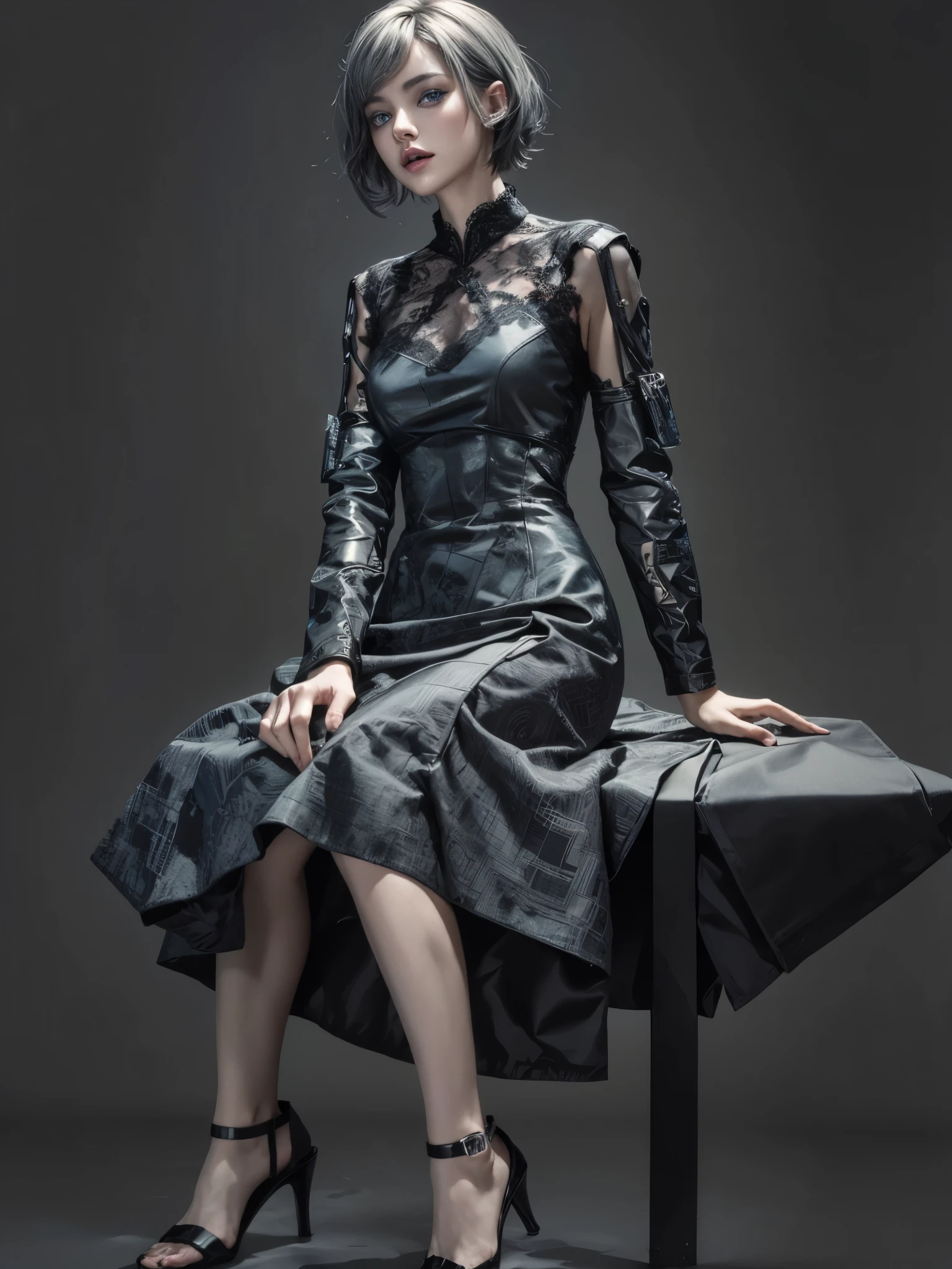 ultra detailed, beautiful, masterpiece, best quality, _ BREAK Beautiful and cute perfect model, Tightened all body, medium Breasts, _ BREAK (short hair, _ BREAK Perfect geometric art to match fashion background, blurry background, Fog, mist, _ BREAK (all body shot, sitting and model pose:1.6), BREAK (Cyber punk dress, wide Sleeves:1.3), (black theme:1.3), (mandarin collar:1.2), (intricate patchwork of lace and leather:1.2), (triangular silhouette skirt:1.2), (gray hair, blue eyes:1.2),