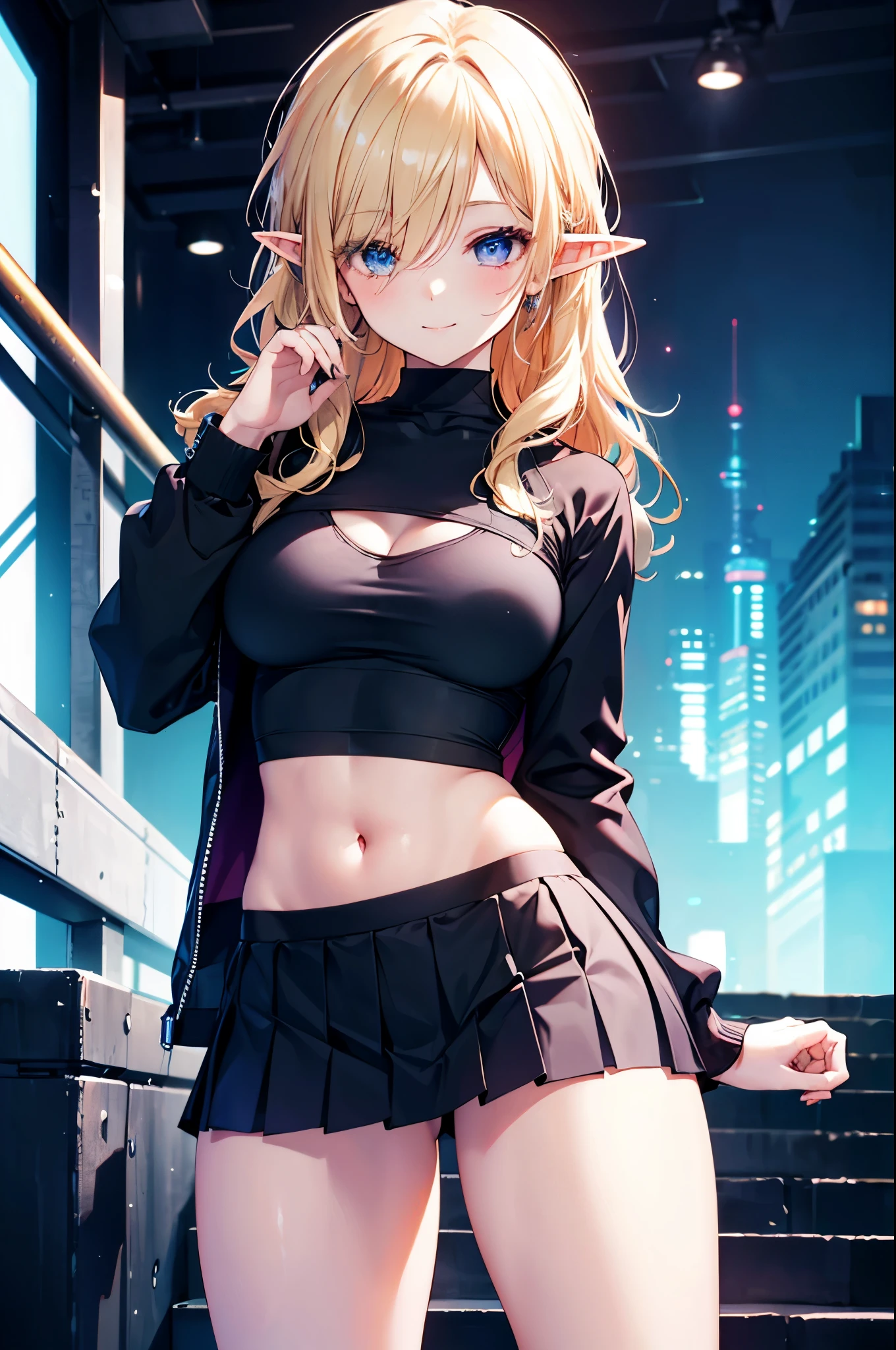 realistic image, coherent image, detailed image, 1 beautiful elf. She has long wavy hair, blonde hair, bangs that cover her eyes. Her eyes are purple, long eyelashes. Her face is oval and delicate, smiling. She is wearing a long-sleeved top, showing her navel, and a pleated mini skirt. She has a curvy body, medium breasts, thick thighs, sneakers. sexy pose. Neon lights background, natural lighting, volumetric lighting,