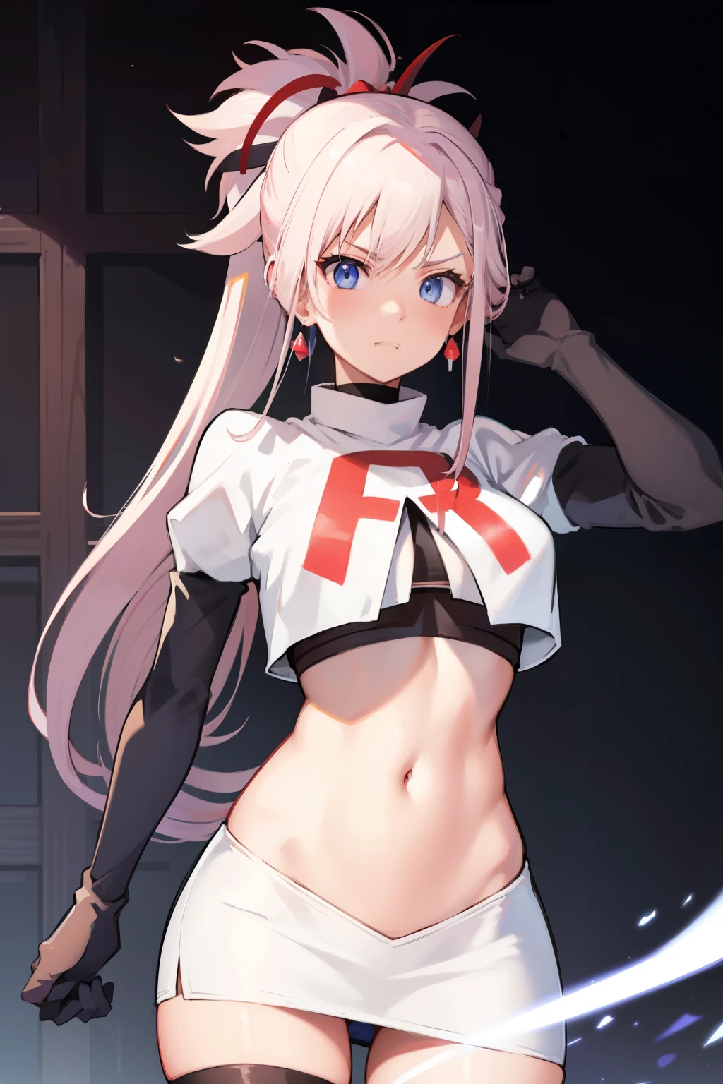 miyamotomusashi, miyamoto musashi, asymmetrical hair, blue eyes, earrings, hair ornament, pink hair, ponytail, sidelocks,team rocket,team rocket uniform, red letter R, white skirt,white crop top,black thigh-highs,black elbow gloves