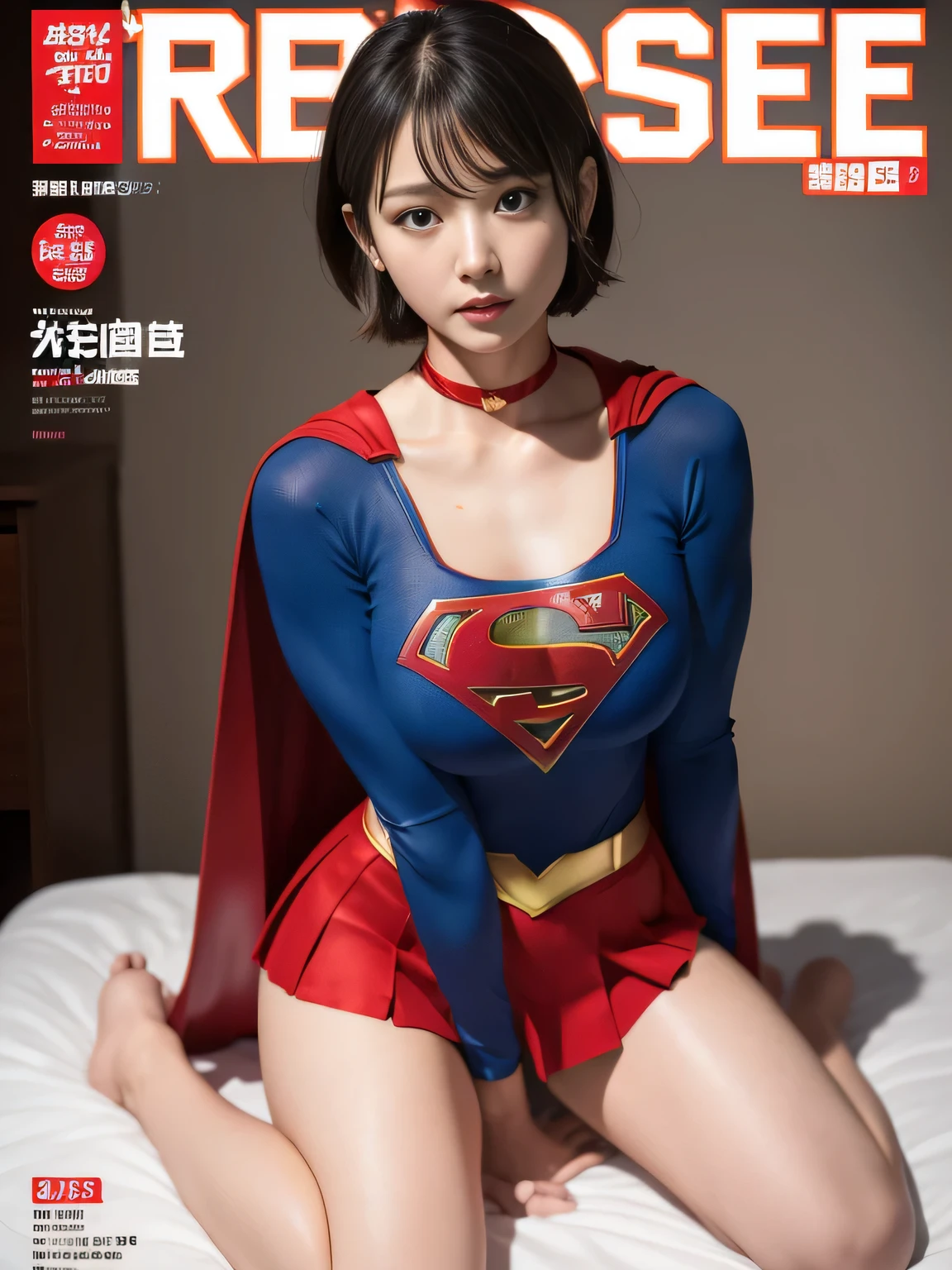 masterpiece、supergirl costume、short hair、barefoot、big and full 、Crisis situation、operating room、operating table、straddle、Sweat、shiny、look at the camera、provoke、Estrus、、Weekly magazine cover、long sleeve、red mini skirt、obscene pose、Seduce、