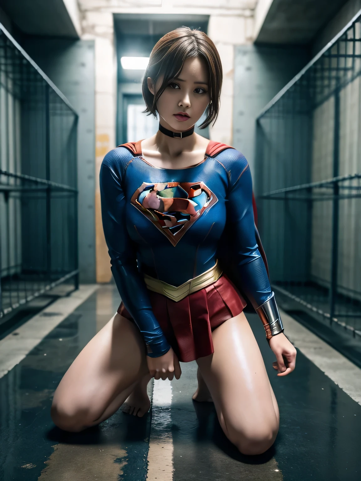 masterpiece、supergirl costume、short hair、barefoot、big and full breasts、pushed down、Crisis situation、prison、in a cage、insult、kneel down、sweaty、shiny、looking at camera、Seduce、choker、long sleeve、red sexy pose、POW camps、humiliating