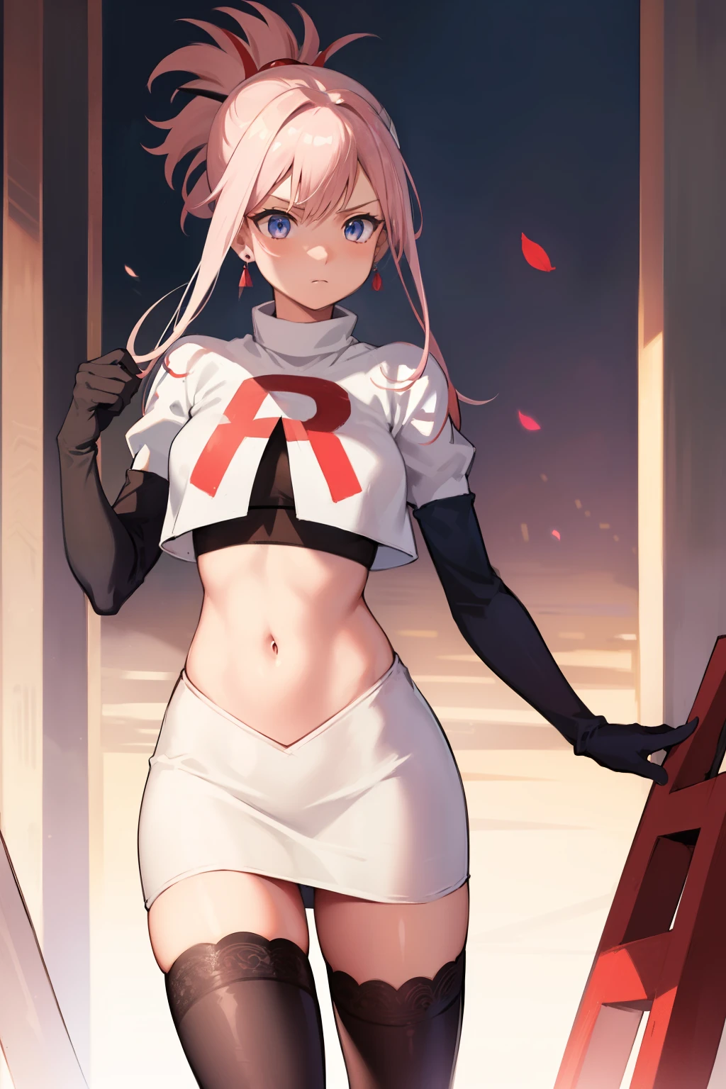 miyamotomusashi, miyamoto musashi, asymmetrical hair, blue eyes, earrings, hair ornament, pink hair, ponytail, sidelocks,team rocket,team rocket uniform, red letter R, white skirt,white crop top,black thigh-highs,black elbow gloves