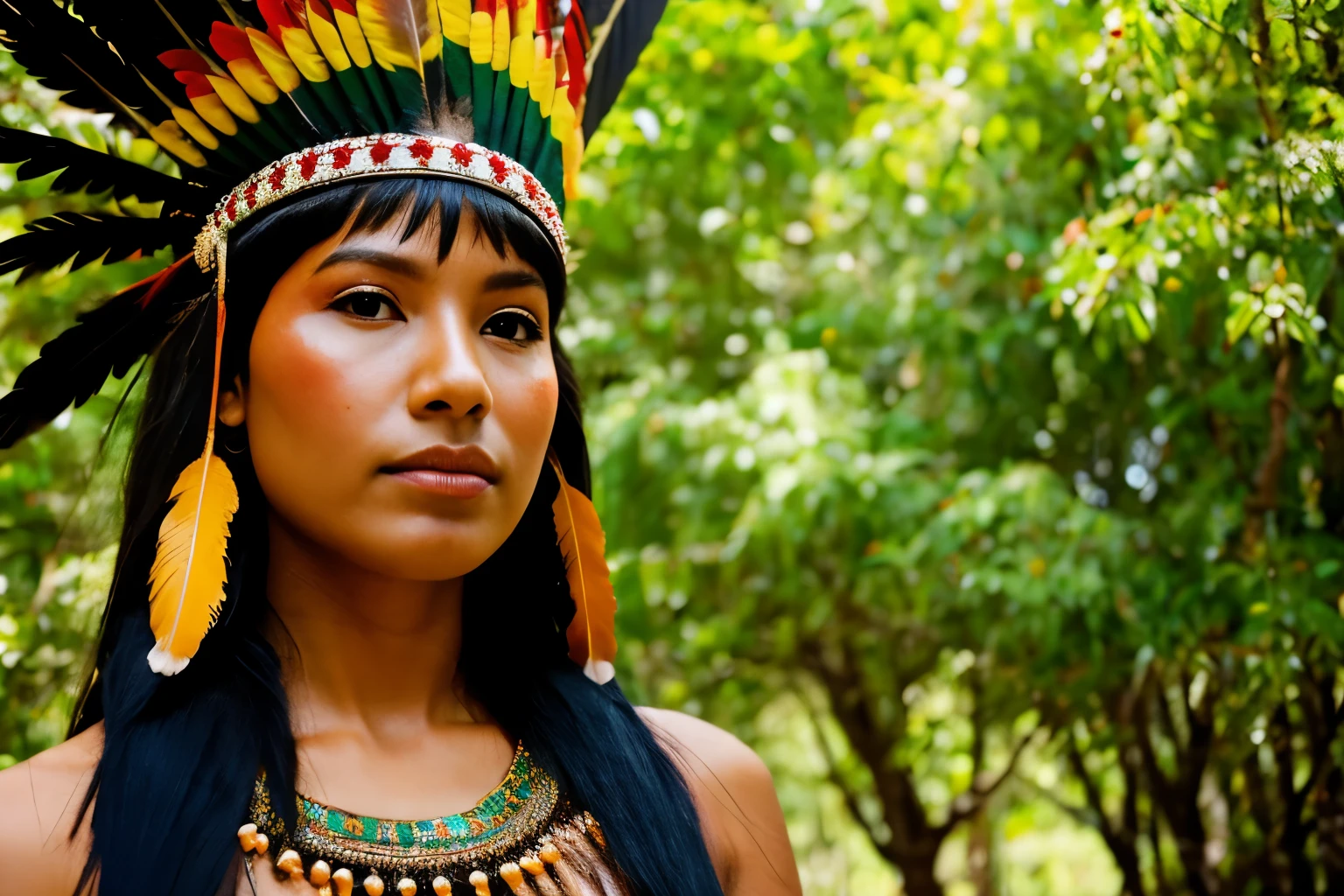 ((RAW photo, Best quality)), (Realistic, photo-realistic:1.2). A beautiful indigenous girl in native dress with feathers and feathers on her head, amazon indian peoples in brazil, beautiful young female brazilian Native girl, Yanomami Indian in typical costumes,High quality. Amazonia forest Background.