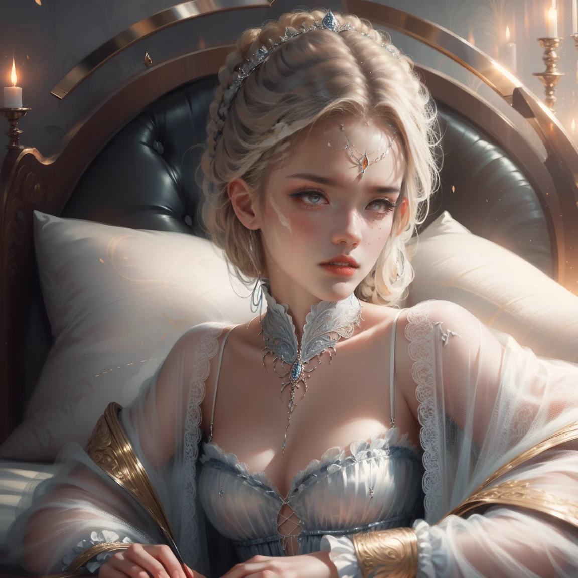 { -  error}(Masterpiece - Ultra-detailed, very high resolution) Prepare to be enchanted by a true masterpiece that combines ultra-detailed art with high-resolution rendering. This work depicts a mesmerizing woman with very long blond hair (1.3) and captivating gray eyes (1.2), emanating an aura of elegance and mystery in Victorian settings. The intricate details and realistic textures invite you to explore every aspect of this enchanting composition. Woman wearing beautiful classic Victorian costume from the year 1878. Red lips. Happy face. Smiling. white (white) dress. Laying on the bed, backwards, looking back, dynamic poses. Get ready to dive into a world where beauty and craftsmanship merge perfectly.