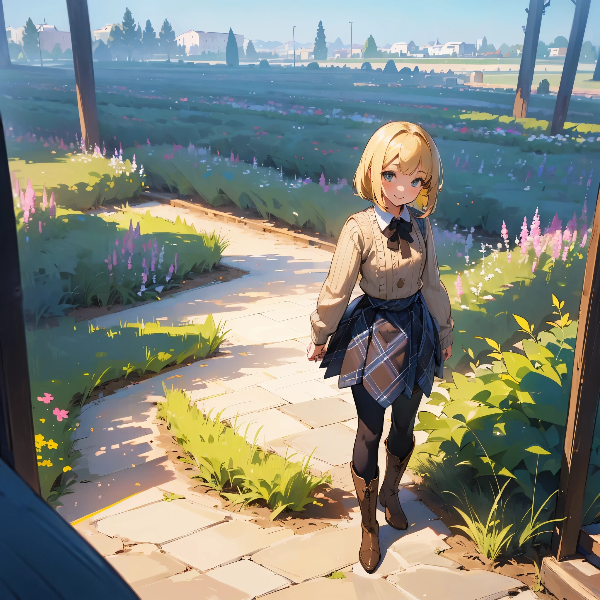 (high quality, High resolution, Super detailed, reality:1.37), peaceful atmosphere, (outdoors, garden), teenage girl standing alone, (big chest.), beautiful detailed features, cute smile, (blonde bob hair), ribbed sweater, blue plaid skirt, black tights, brown boots.